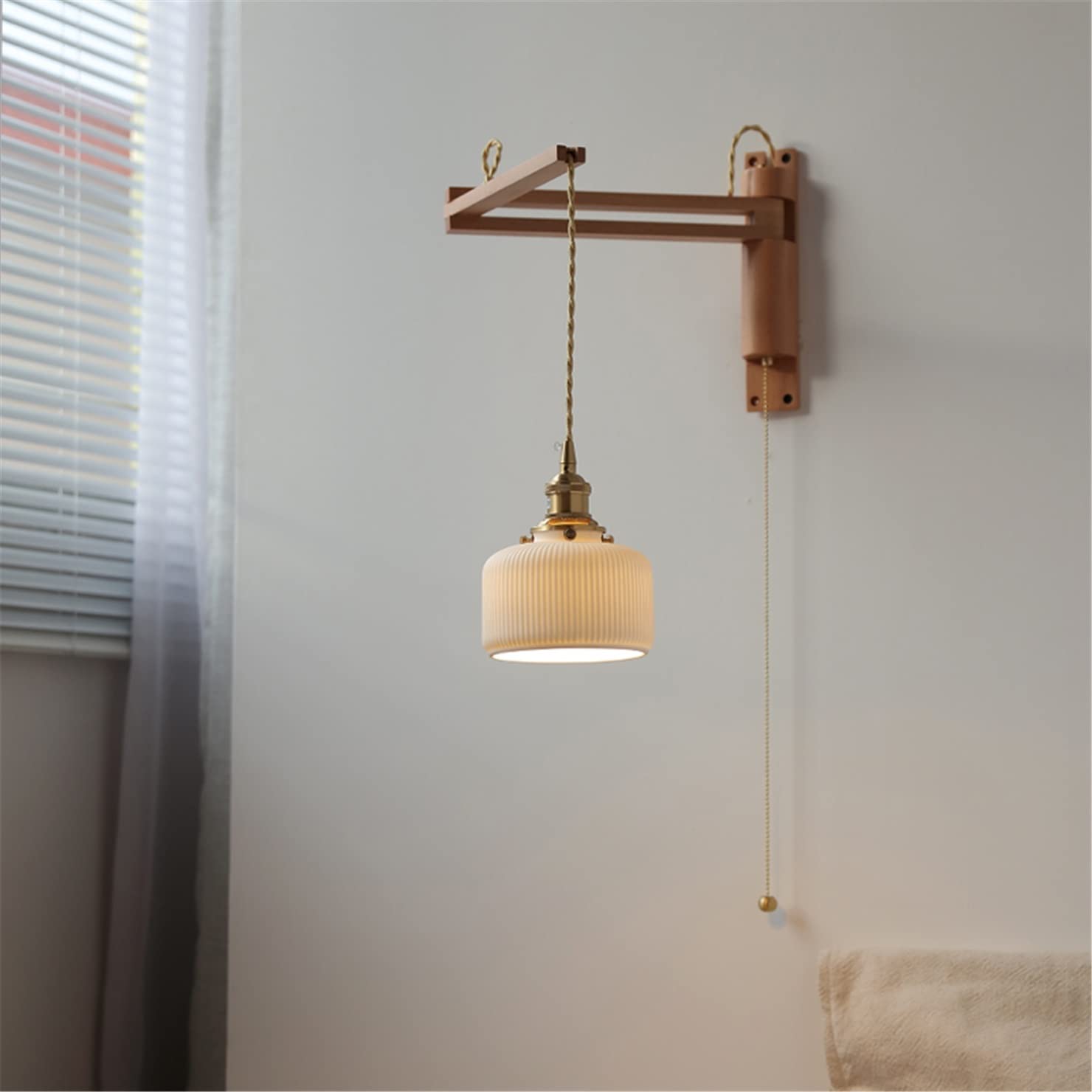 Nordic Style Pull Chain Wall Lamp with Wood & Ceramic Accents - Adjustable Rotating Modern Lighting Fixture for Living Room, Bedroom, or Bedside - E27 Base Compatible - Perfect for Cozy Reading Nooks & Ambient Bedroom Lighting