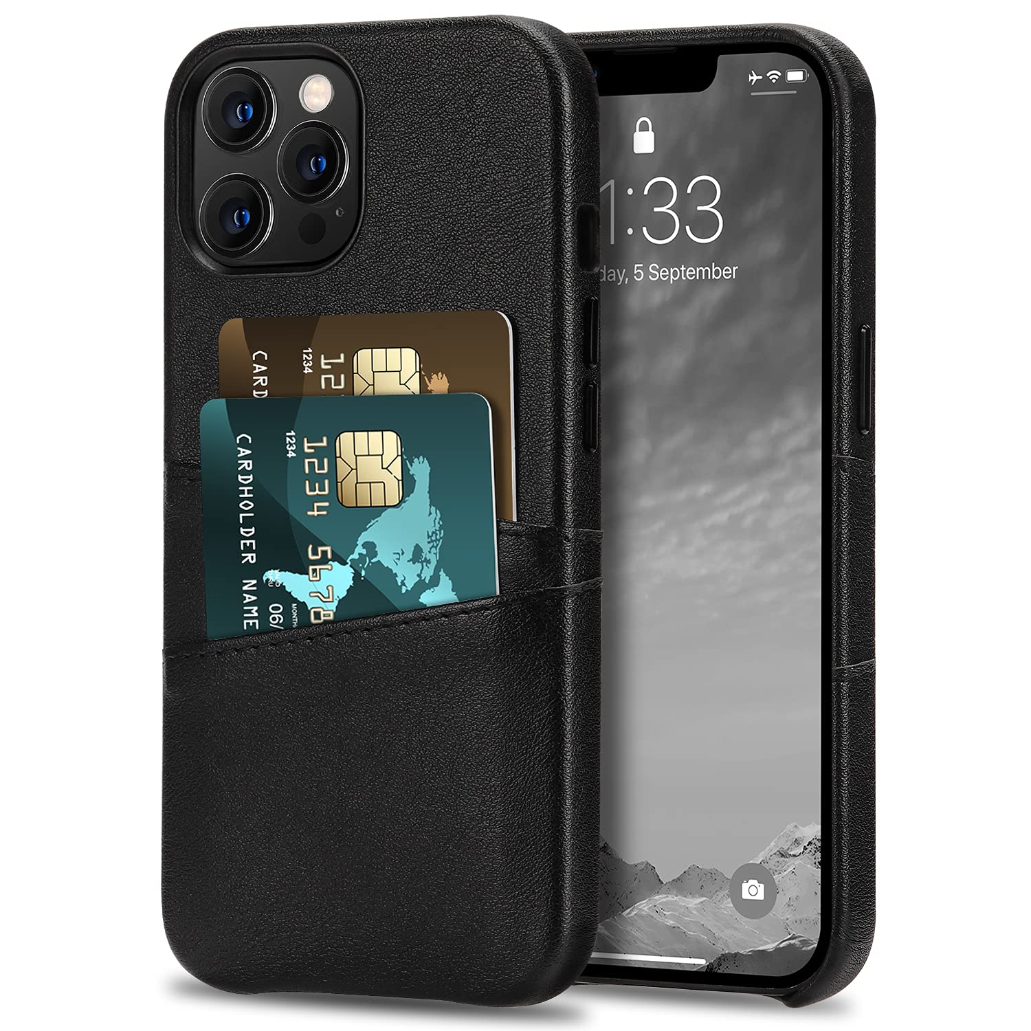 Premium Leather Wallet Case for iPhone 13 Pro Max (6.7-inch) - 2 Card Holder Slots | Slim Protective Cover with RFID Blocking | Perfect for Business, Travel & Everyday Use (Black, 2021 Model)