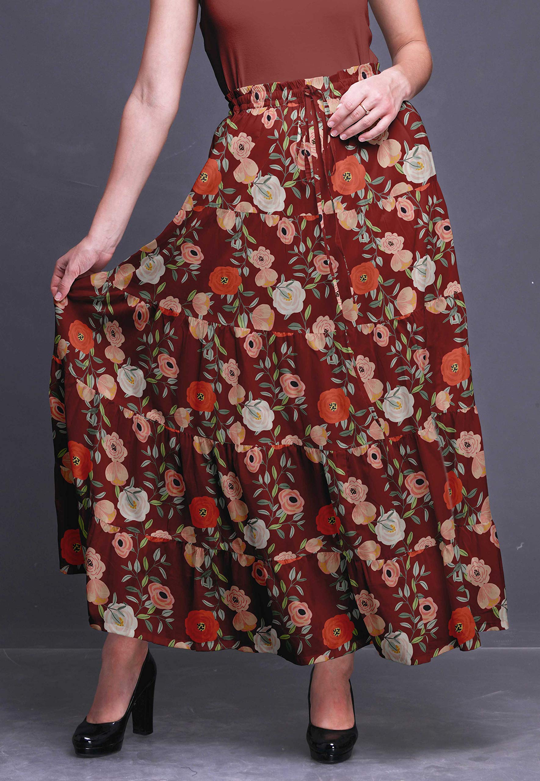 Boho Printed Tiered Maxi Skirt for Women - 5-Layer Cotton Long Skirt - Flowy Summer Beach Skirt for Casual Wear, Vacations & Music Festivals