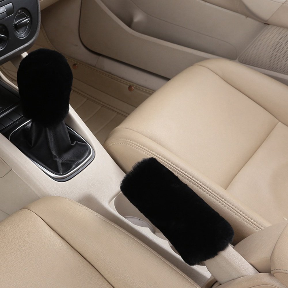 Dotesy Genuine Sheepskin Steering Wheel Cover Set - 3 Piece Auto Accessories with Gear Shift Knob Cover & Handbrake Cover | Universal Fit for 15 Inch Wheels | Premium Australian Wool | Black | Perfect for Winter Driving, Luxury Car Interior Upgrade & Comfort Enhancement
