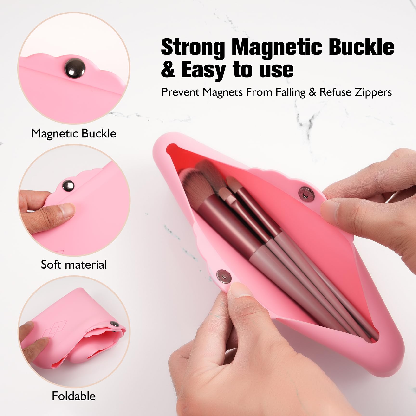 Silicone Makeup Brush Holder Bag - Waterproof Cosmetic Organizer with Magnetic Metal Buttons for Travel, Makeup Pouch Case for Brushes & Beauty Tools Storage | Perfect for Makeup Artists, Travelers & Daily Organization