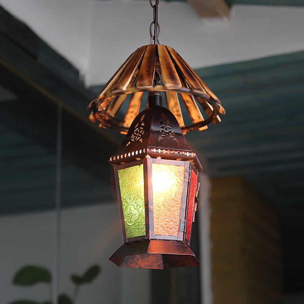 Vintage Mediterranean Bohemian Bamboo Ceiling Pendant Light - Antique Iron & Glass Lampshade with Hanging Chain Chandelier - E27 Bulb Compatible - Perfect for Kitchen, Farmhouse, Restaurant, Garage & Villa Decor