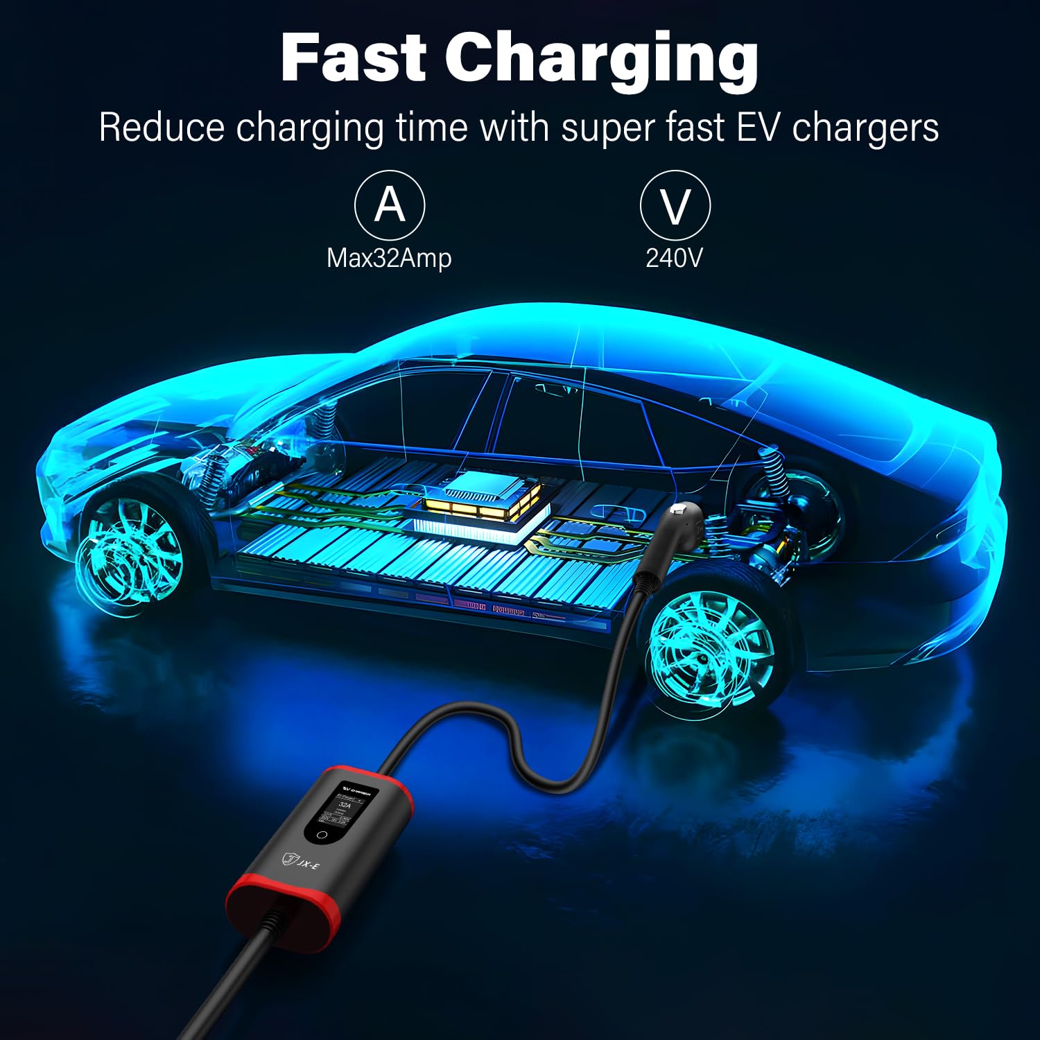 JX-E Level 2 EV Charger - 32Amp 240V NEMA 14-50 Plug Portable Home Charging Station for All SAE J1772 Electric Vehicles | FCC & ROHS Certified | 25FT Cable | Perfect for Home, Garage & Road Trip Charging