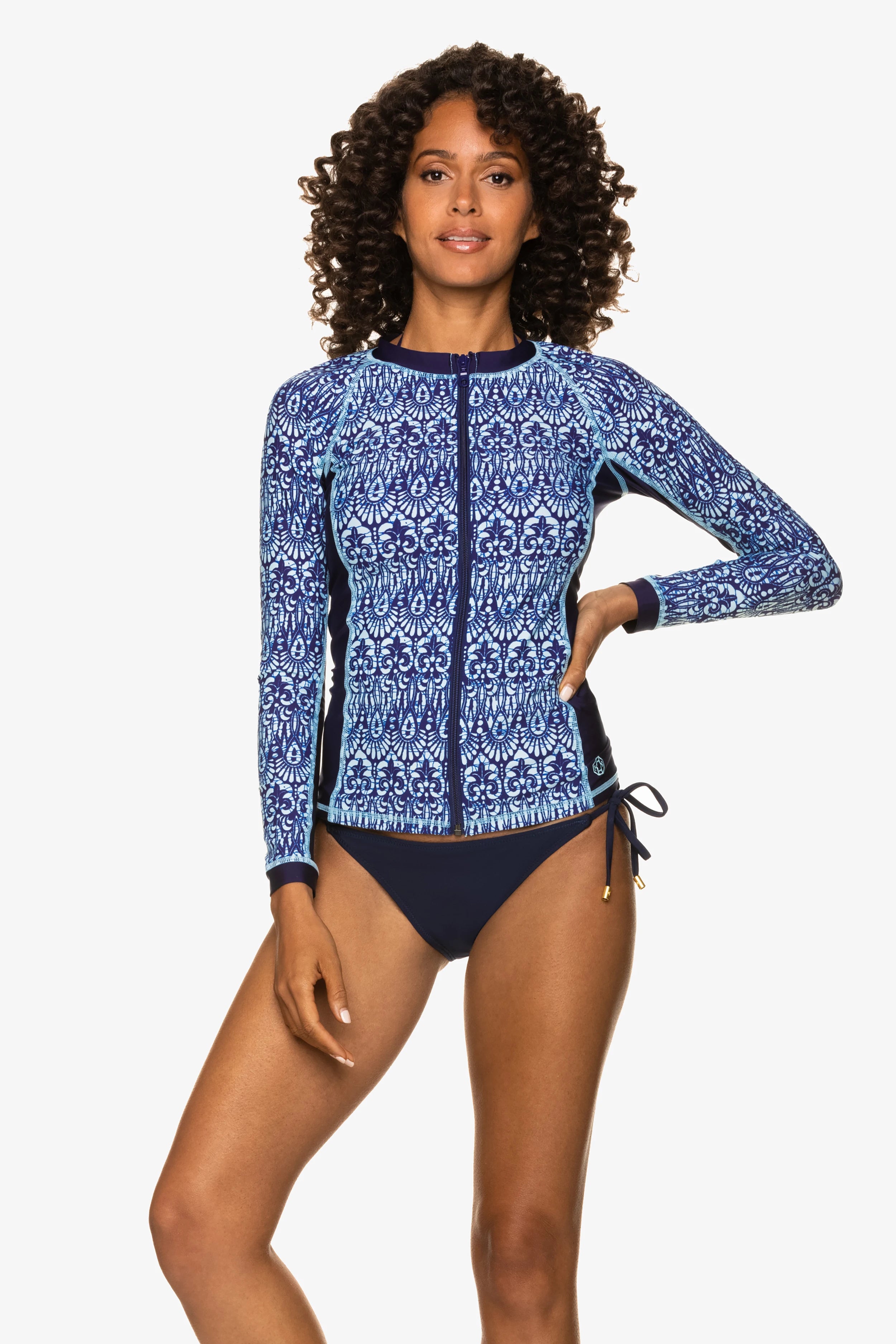 Island UPF 50+ Sun Protection Rash Guard Swim Shirt - Navy Blue Batik Print for Men & Women - Perfect for Beach, Surfing, and Water Sports