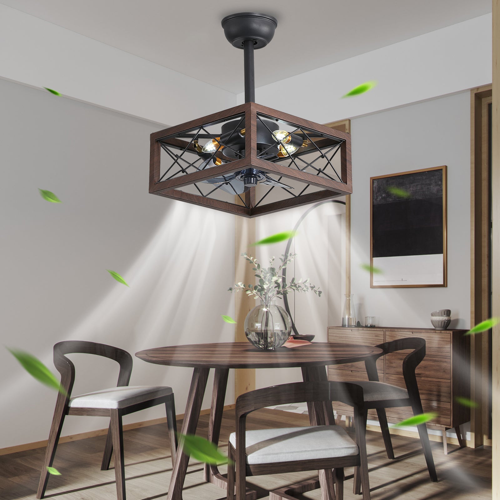 18 Inch Caged Ceiling Fan with Lights and Remote Control - Smart APP Control for Home, Bedroom, Living Room - Modern Industrial Style Cooling Fan (Bulbs Not Warranted)