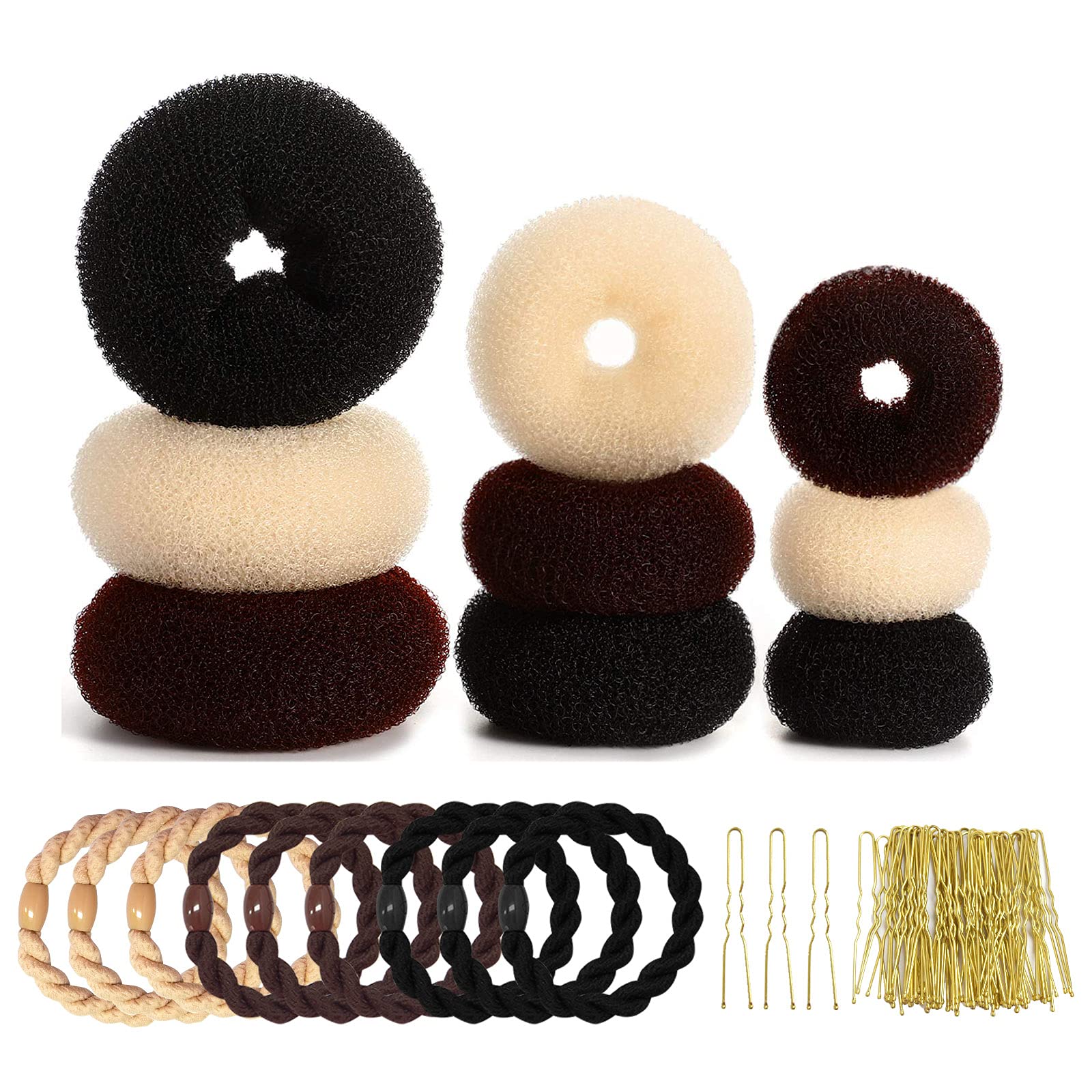 Sdoowes 9-Piece Donut Bun Maker Kit - 3 Sizes (Small/Medium/Large) Hair Bun Ring Shaper with 9 Elastic Bands & 50 Bobby Pins - Black, Brown, Beige for Women, Girls & Kids - Perfect for School, Parties & Everyday Hairstyles