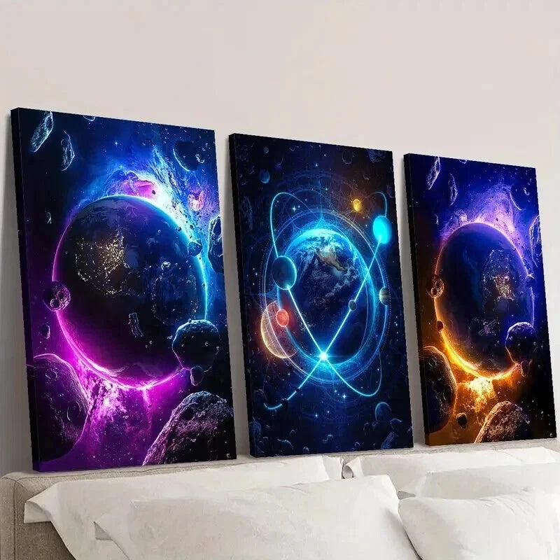 3-Piece Outer Space & Sci-Fi Fantasy Planets Wall Art Set - Framed Canvas 50x70cm (20x28in) - High Quality Print - 100% Australian Made - Ready to Hang - Perfect for Living Room, Bedroom & Office Decor
