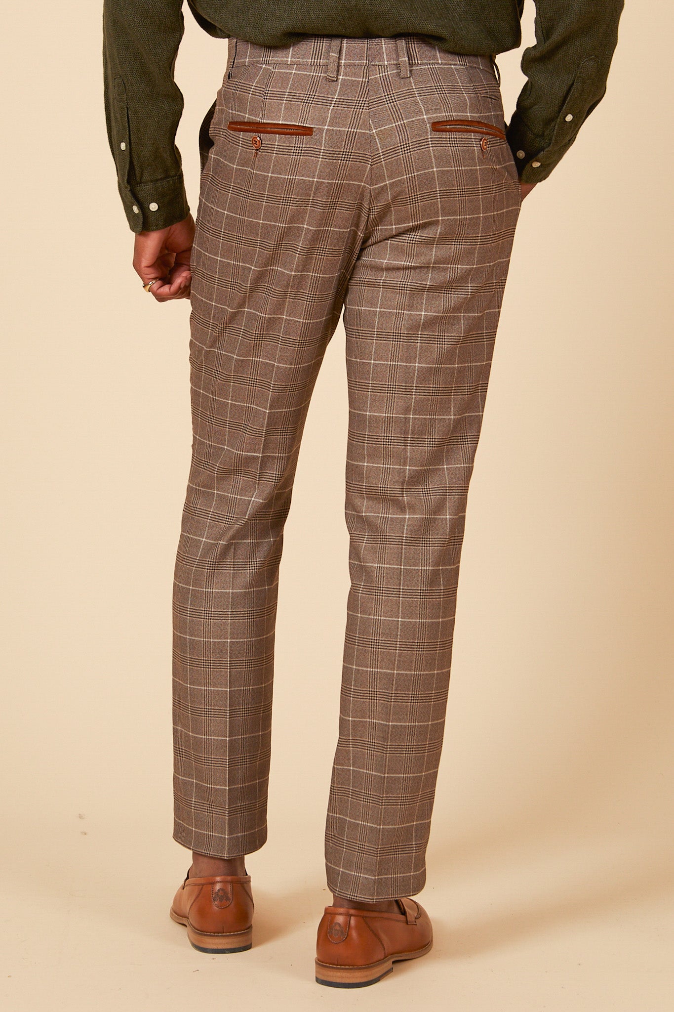 RAY Tan Check Trousers for Men - Classic Plaid Dress Pants for Office, Business Casual & Smart Outfits