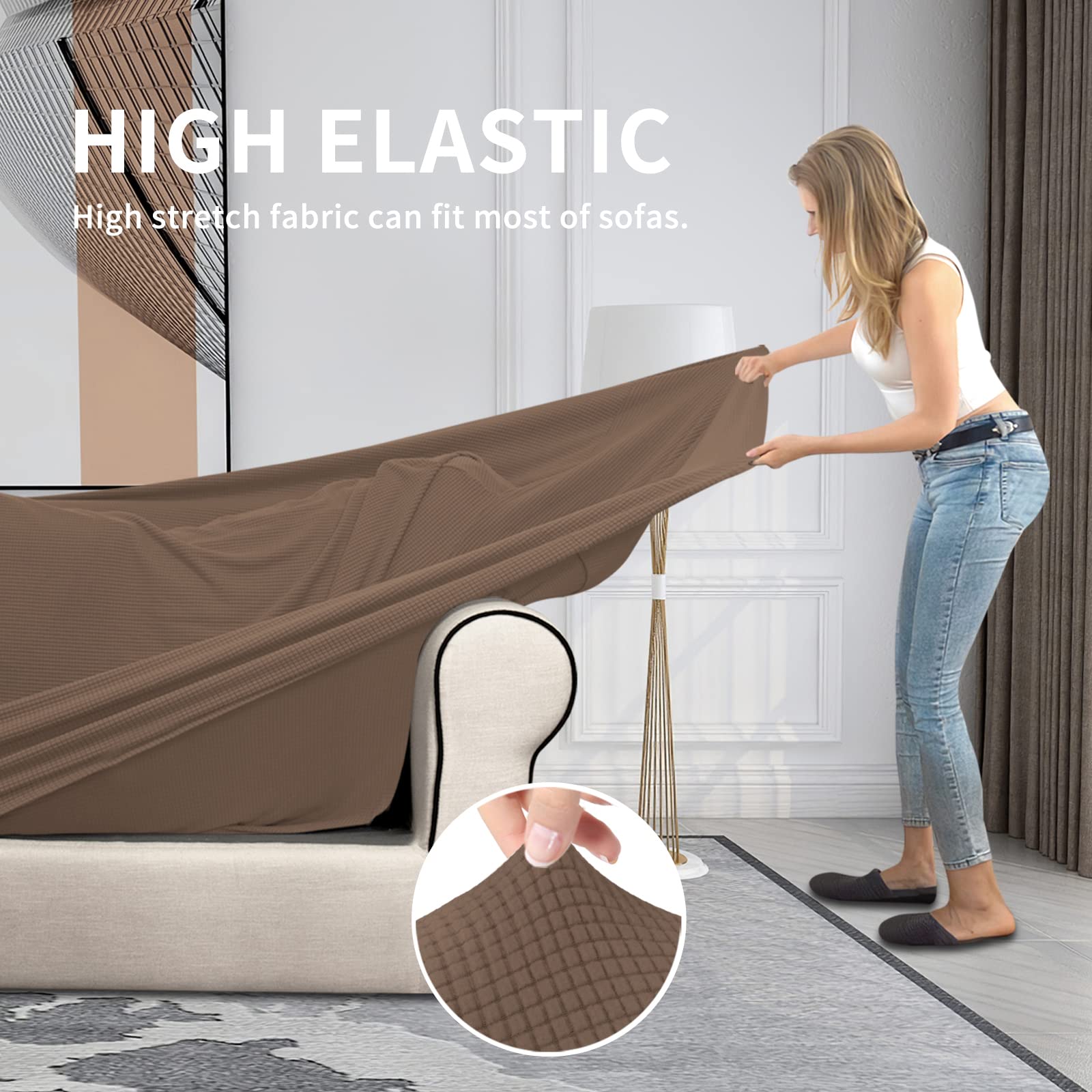 4-Piece Stretch Couch Cover for Oversized Sofas - Washable Spandex Elastic Furniture Protector for Pets & Kids - Fits 3 Separate Cushions - Brown (Perfect for Pet Owners & Families with Children)