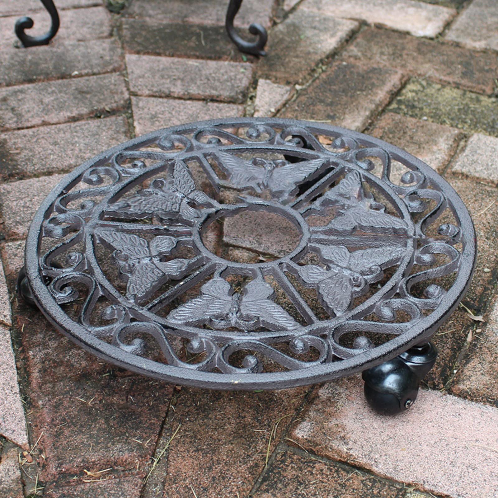Heavy Duty Rolling Plant Caddy with Wheels - Rustic Cast Iron Outdoor Plant Stand, Round Tray Potted Cart for Easy Moving - Perfect for Courtyard, Garden, Patio & Indoor Plant Display (Rusty Color)