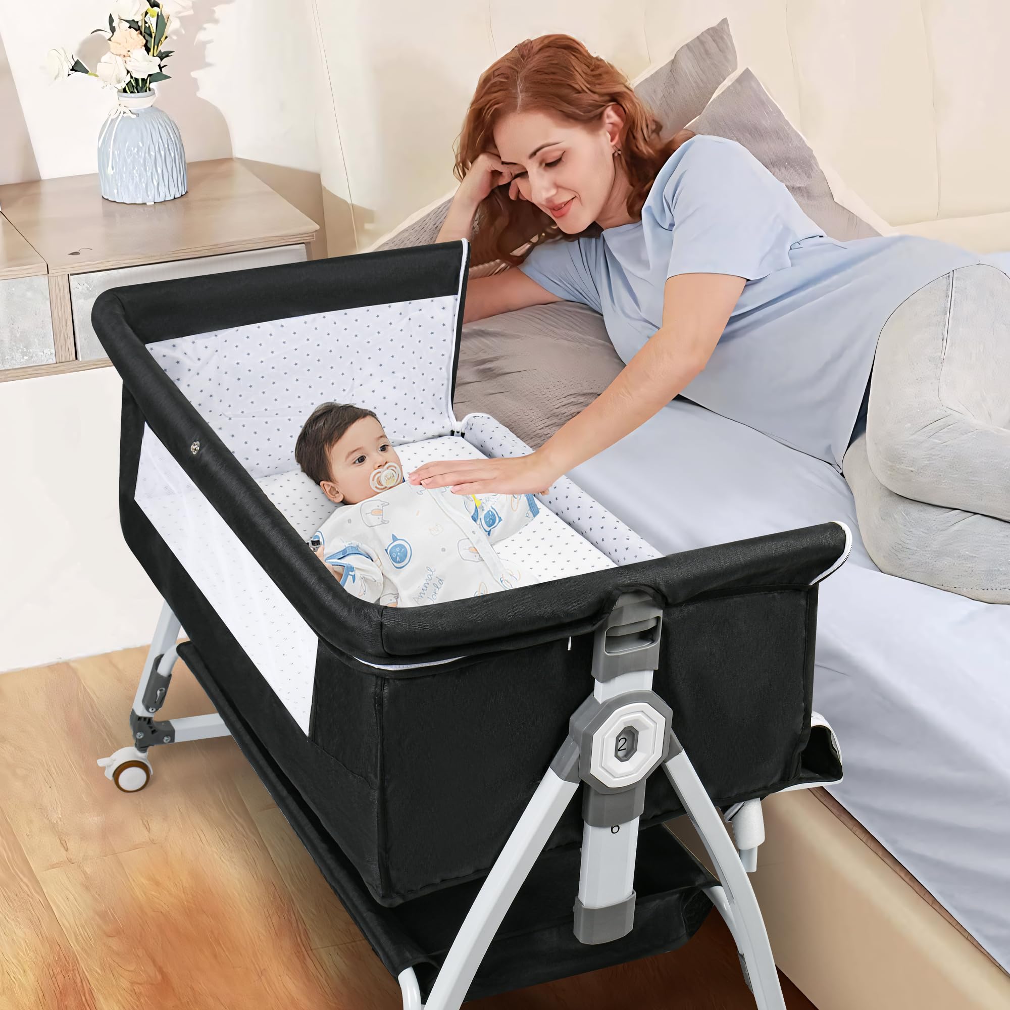 VOOI 3-in-1 Baby Bassinet Bedside Sleeper with Adjustable Height, Wheels, Storage Basket & Canopy - Portable Rocking Crib for Newborns - Perfect for Nursery, Bedroom Co-Sleeping and Travel