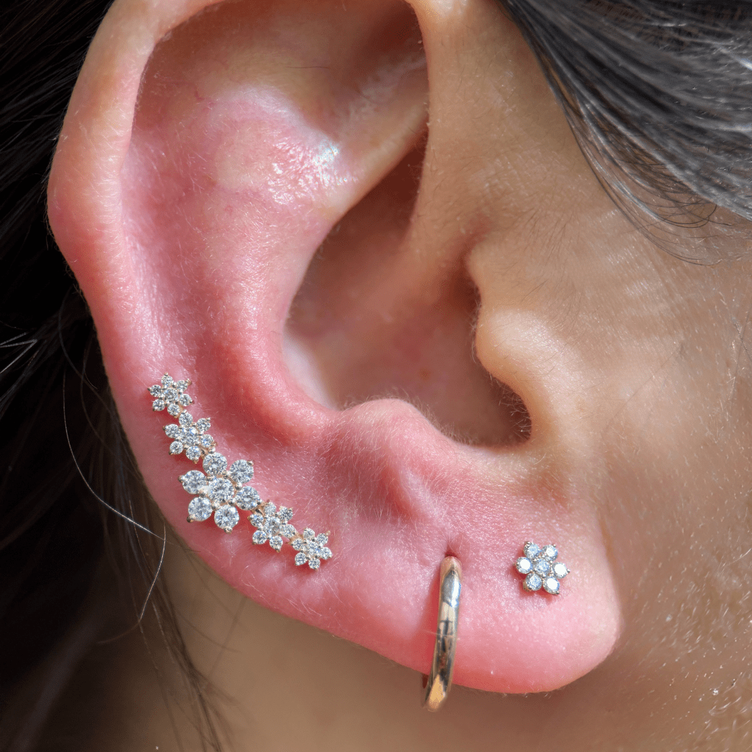 14K Yellow Gold Diamond Flower Stud Earrings for Women - Elegant Floral Design Flat Back Ear Studs for Daily Wear, Parties & Special Occasions