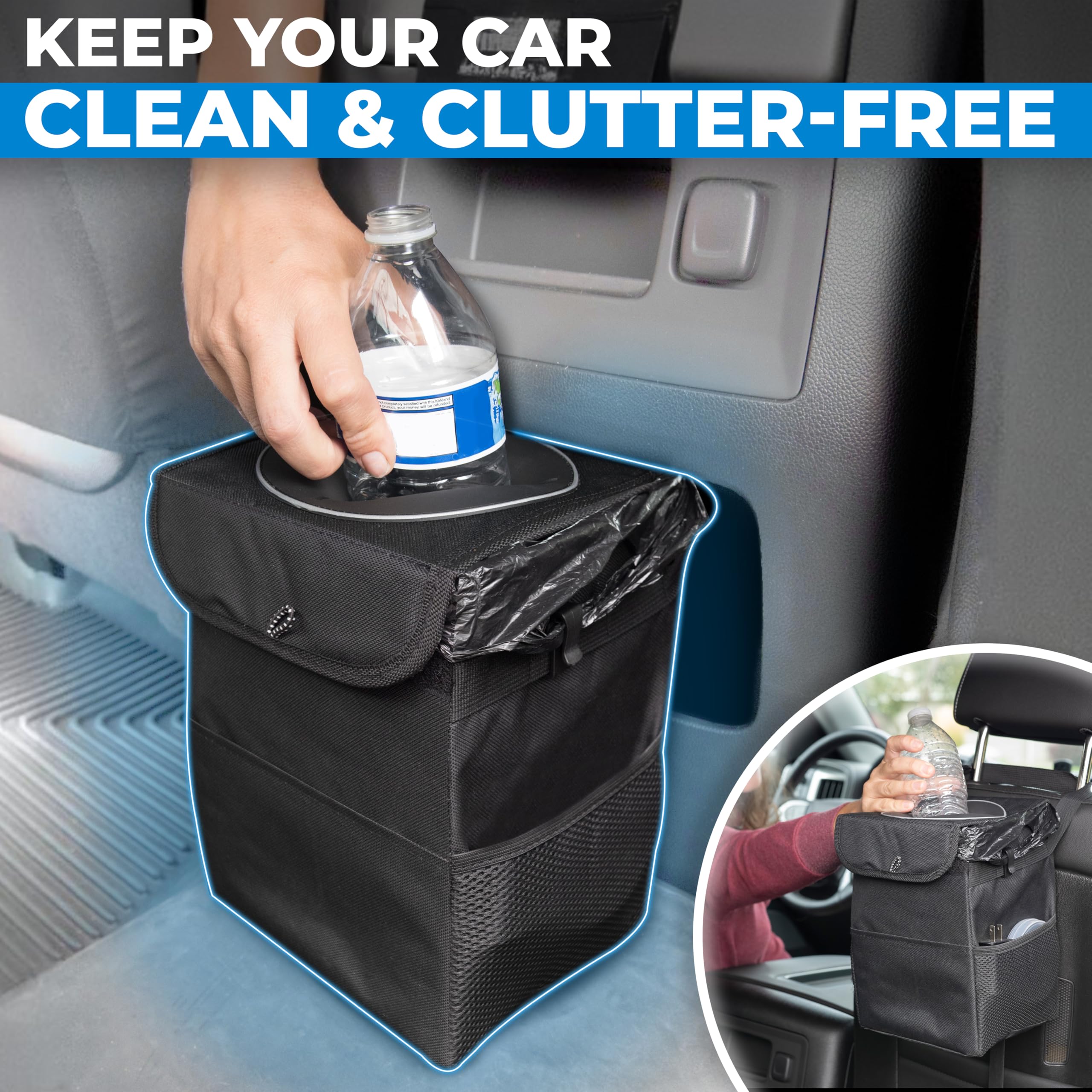EcoNour 1.5 Gallon Hanging Car Trash Can with Lid - Waterproof Auto Garbage Bin for SUV, Truck & Vehicle - Black Multi-Purpose Storage Organizer - Perfect for Road Trips, Commuting & Family Travel