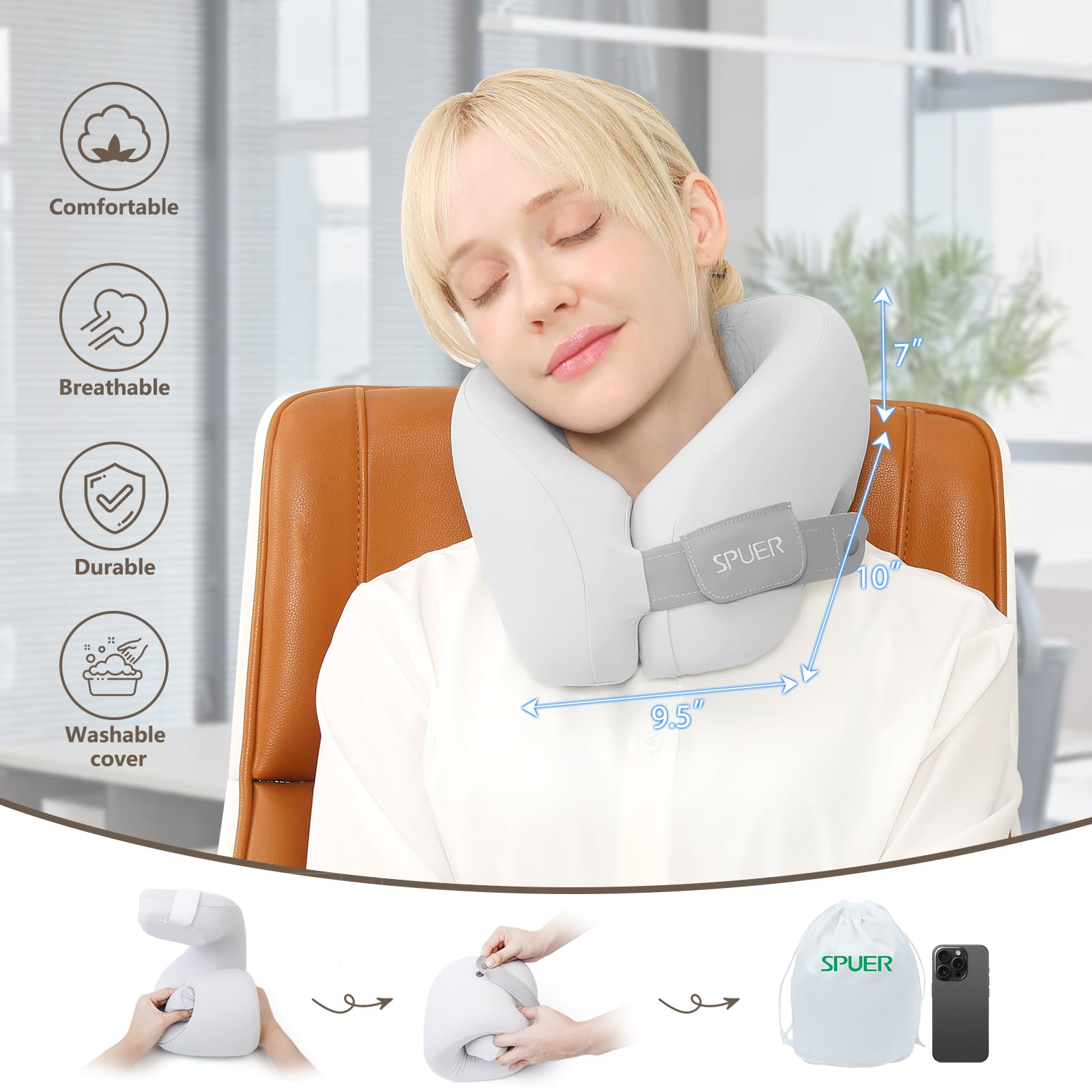 2in1 Ergonomic Memory Foam Travel Neck Pillow - 2025 Upgraded Support for Airplane, Car & Train Travel | Adjustable Velcro Strap & Drawstring Bag (Gray) | Perfect for Sleeping Upright on Flights, Road Trips & Commuting