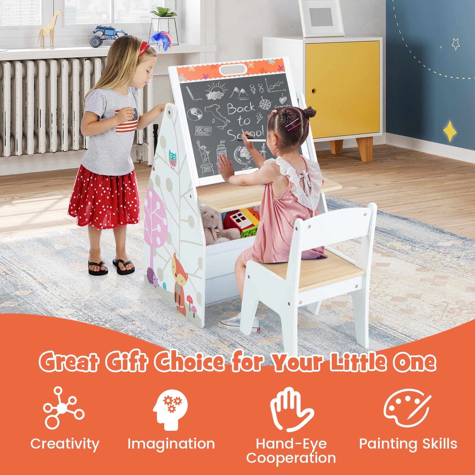 HONEY JOY Kids Art Easel - Adjustable Double-Sided Wooden Toddler Table & Chair Set with Magnetic Whiteboard & Chalkboard, Bookshelf & Storage Bin - Perfect for Arts & Crafts, Drawing & Learning - Ideal Gift for Boys & Girls (White) - Great for Home, Classroom & Playroom Activities