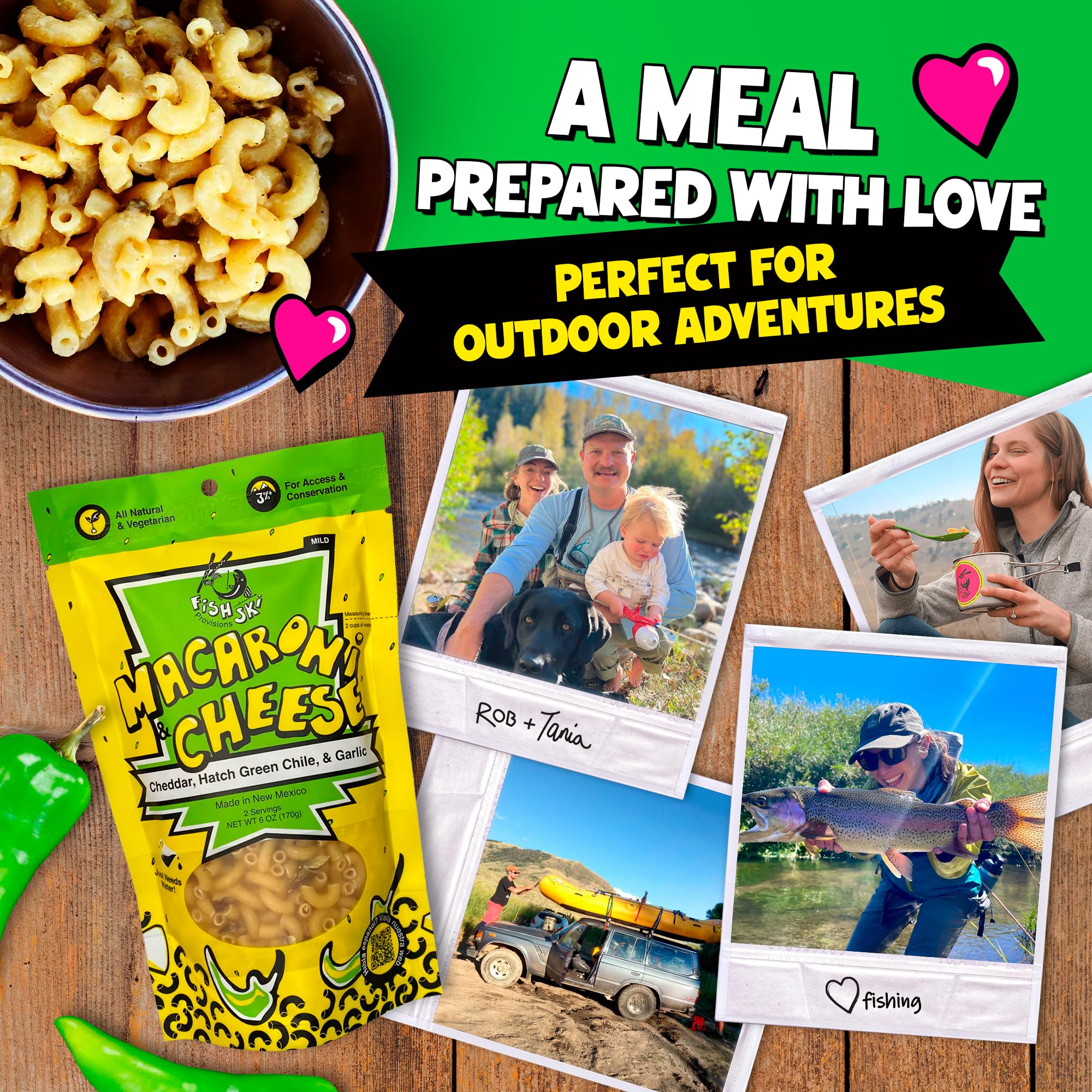 FishSki Provisions Macaroni and Cheese with Hatch Green Chile, Cheddar Cheese & Garlic - 6 oz Bags (24 Pack) | Quick & Easy Meal for Camping, Office Lunches & Family Dinners
