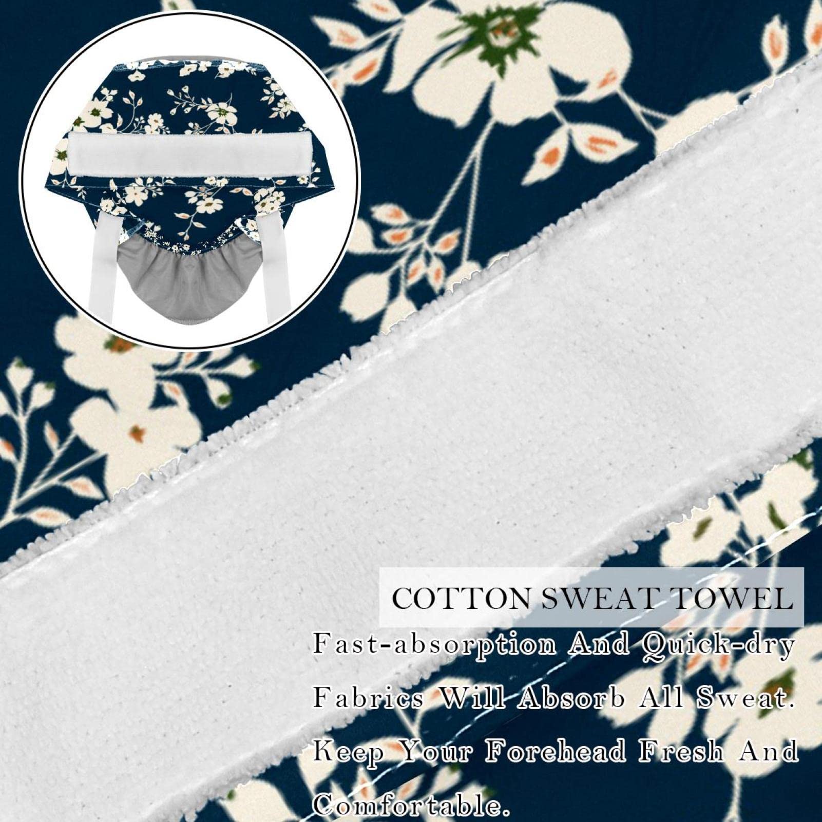 Black & White Floral Scrub Hats for Women & Men - 2 Pack Long Hair Surgical Caps with Button Closure & Sweatband - Unisex Tie Back Nurse Doctor Chef Hat for Hospital, Kitchen & Salon Use