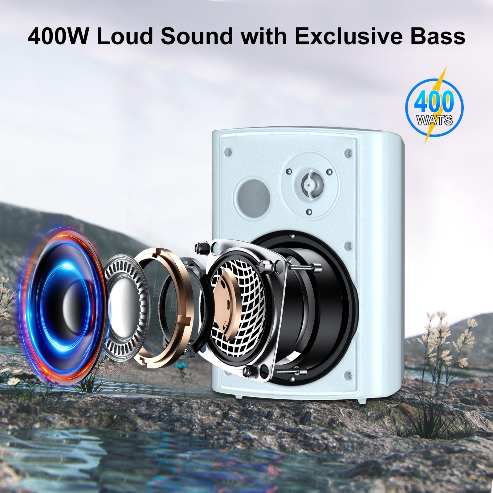 STUDIOFINIX 6.5 Inch 400W Outdoor Waterproof Speakers - Wired Wall Mount Stereo Sound System for Patio, Home, Garage, Pool Party & Backyard Entertainment (White)