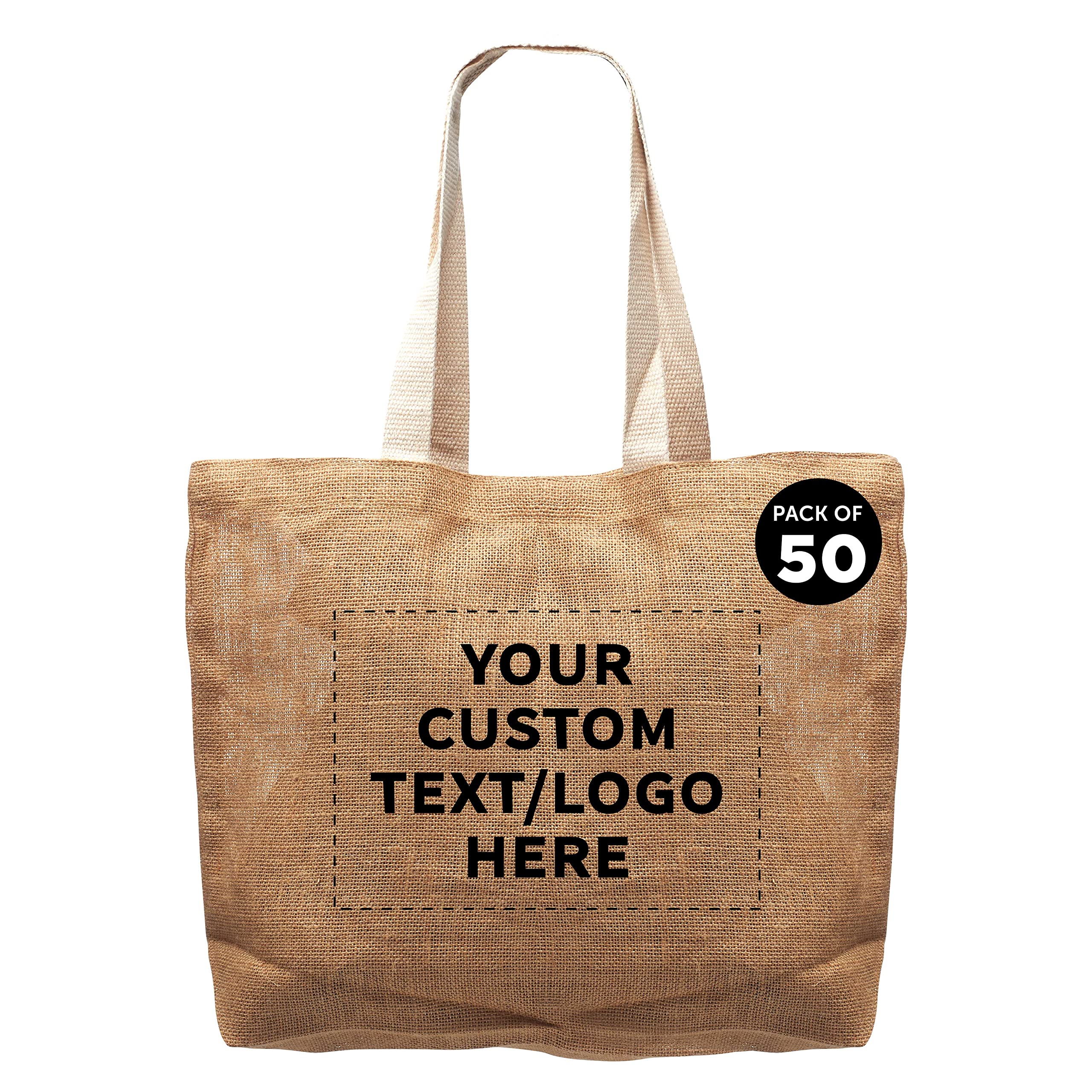 50 Pack Natural Jute Fiber Tote Bags with Custom Text & Logo - Eco-Friendly Reusable Grocery Bags with Sturdy Webbing Handles for Shopping, Beach, Farmers Market & Everyday Use