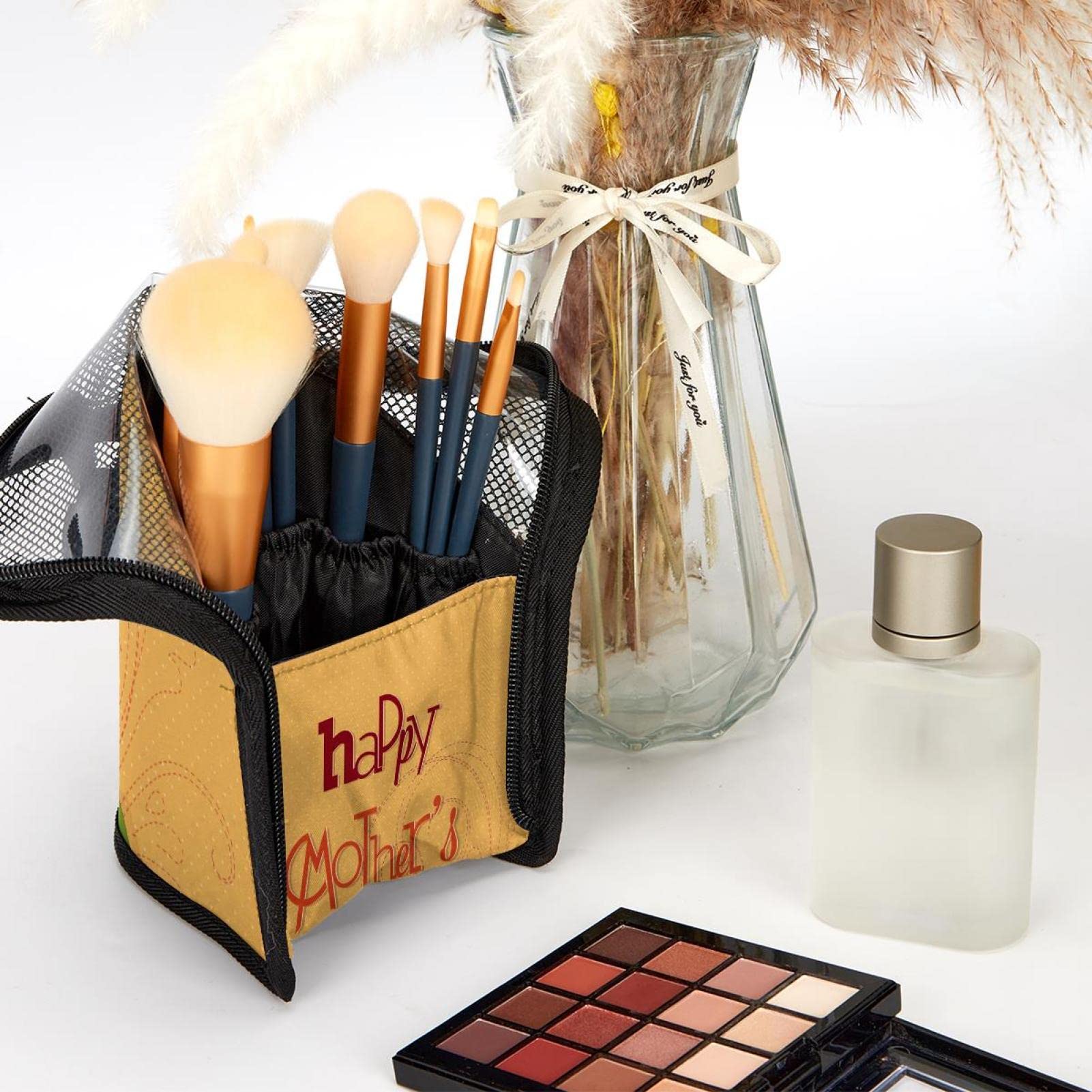 12-Piece Makeup Brush Set with Floral Organizer Bag - Portable Travel Cosmetic Brush Holder Case for Women, Ideal for Mother's Day Gifts & On-the-Go Makeup Touch-Ups