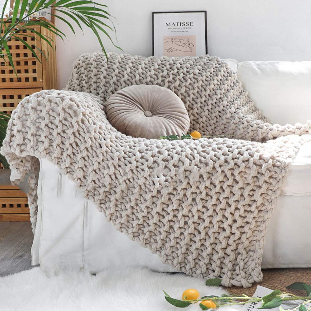 Soft Knitted Blanket - Cozy Chunky Knit Throw Blanket, Oversized Handmade Blanket for Bed, Sofa & Chair, 50x60 Inch Beige - Luxurious & Comfortable for Home, Yoga & Relaxation
