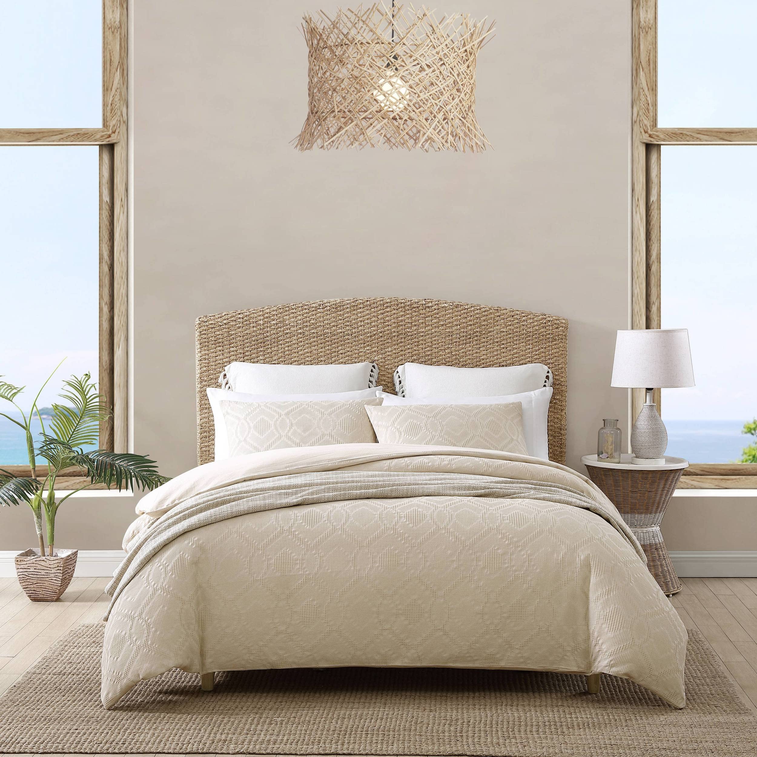 Tommy Bahama King Size Reversible Cotton Comforter Set - All Season Waffle Textured Beige Bedding for Luxury Home Decor | Perfect for Master Bedroom & Guest Room Comfort