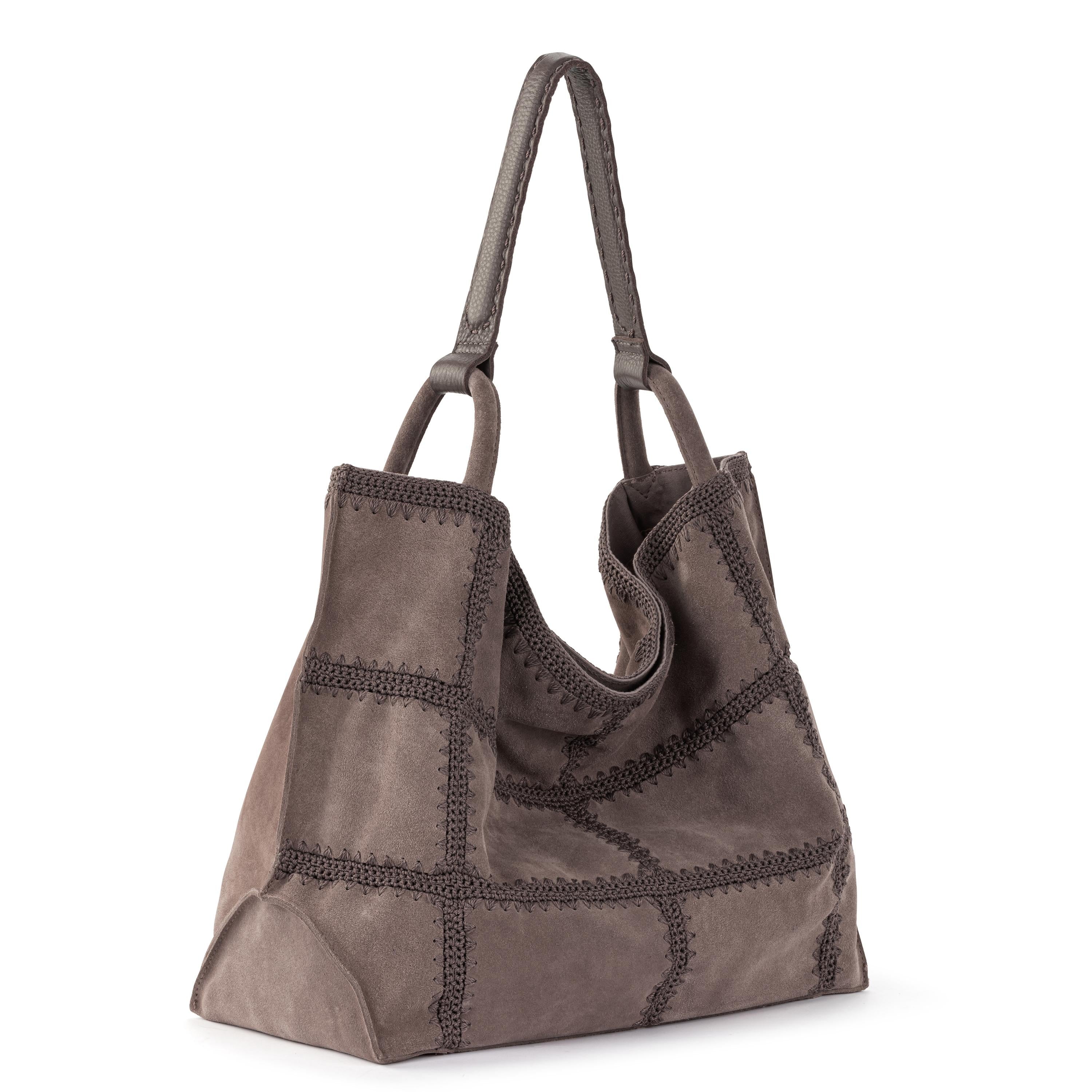Premium Los Feliz Large Leather Tote Bag with Mushroom Suede Patch - Stylish & Spacious for Work, Travel & Everyday Use