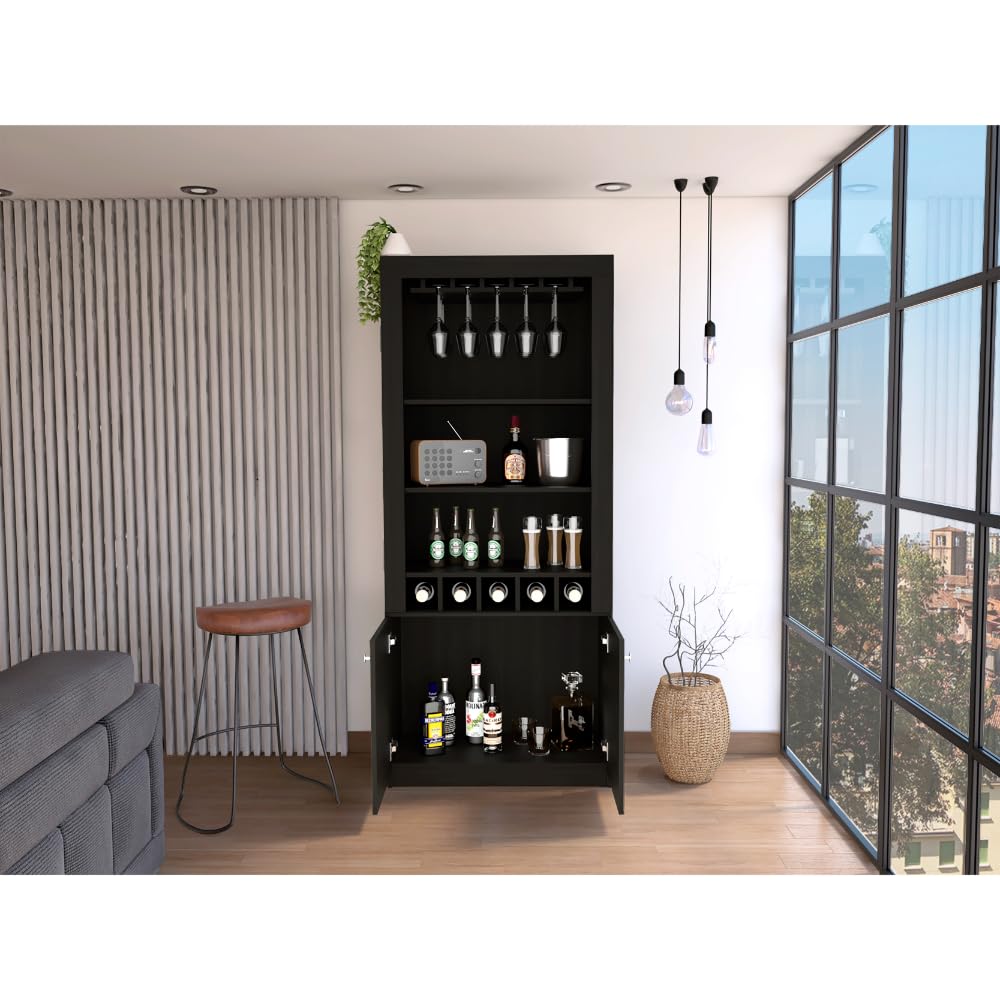 Tuhome Montenegro Bar Cabinet with Double Doors, 5 Built-in Wine Racks & 3 Adjustable Shelves - Black | Modern Home Bar Furniture for Living Room, Dining Room or Office