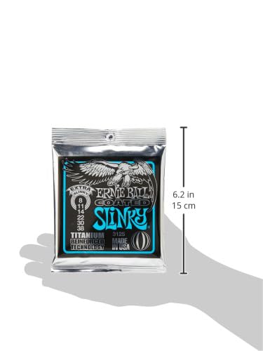 Ernie Ball Extra Slinky Coated Titanium Electric Guitar Strings 8-38 Gauge (P03125) - Premium Coated Strings for Smooth Playability & Extended Tone Life - Perfect for Rock, Blues & Studio Recording