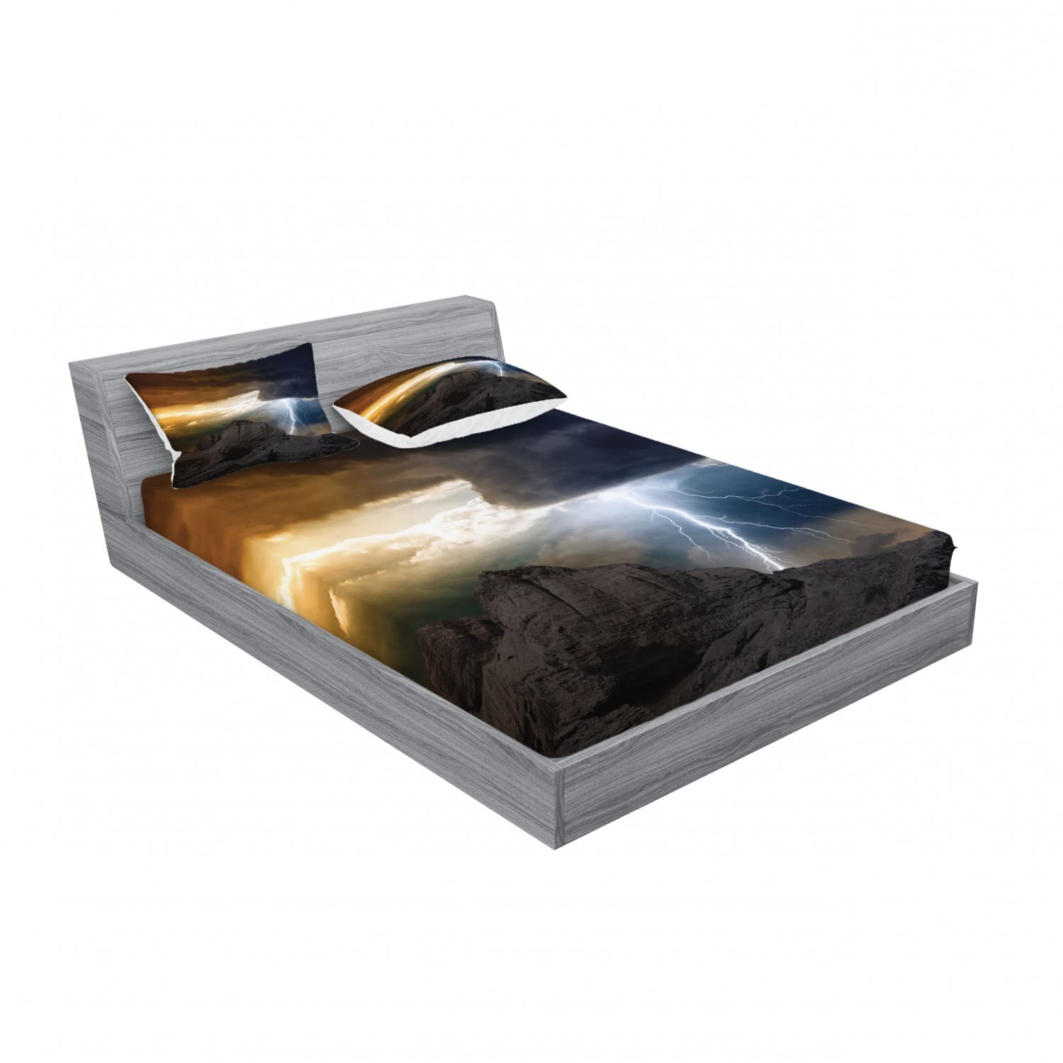 Ambesonne 2-Pack Queen Size Fitted Sheet & Pillow Sham Set - Dark Clouds Mountain Design, Grey & Orange 4-Piece Bedding Set (2 Fitted Sheets + 4 Pillow Covers) for Cozy Bedroom Decor & Guest Room Styling
