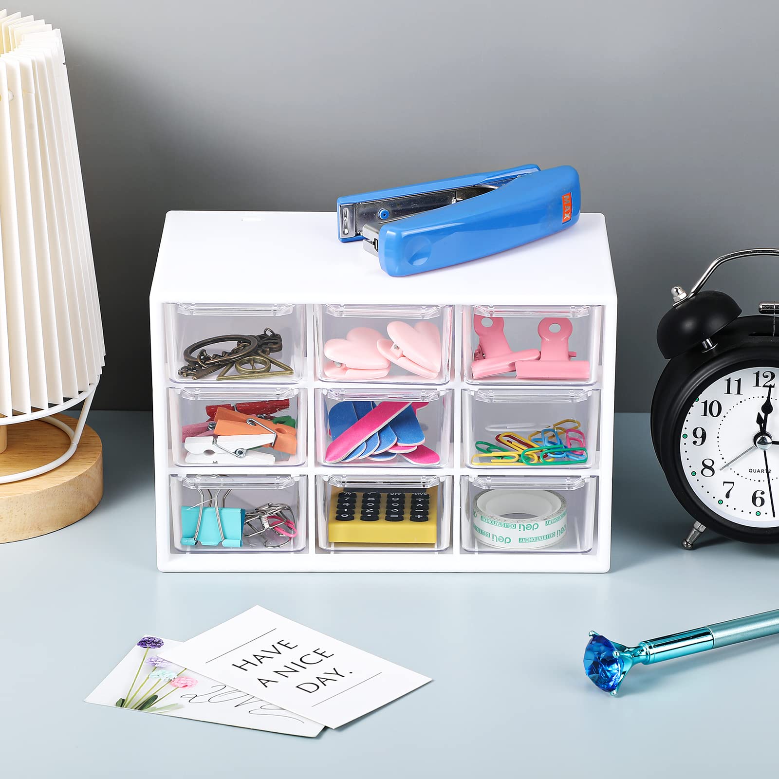 Amyhill 6-Piece Mini Drawer Organizer Set - 9-Drawer Plastic Desktop Storage Box for Office, Home, Jewelry, Cosmetics & Craft Supplies (White) | Perfect for Desk Organization, Makeup Storage & Small Item Collection