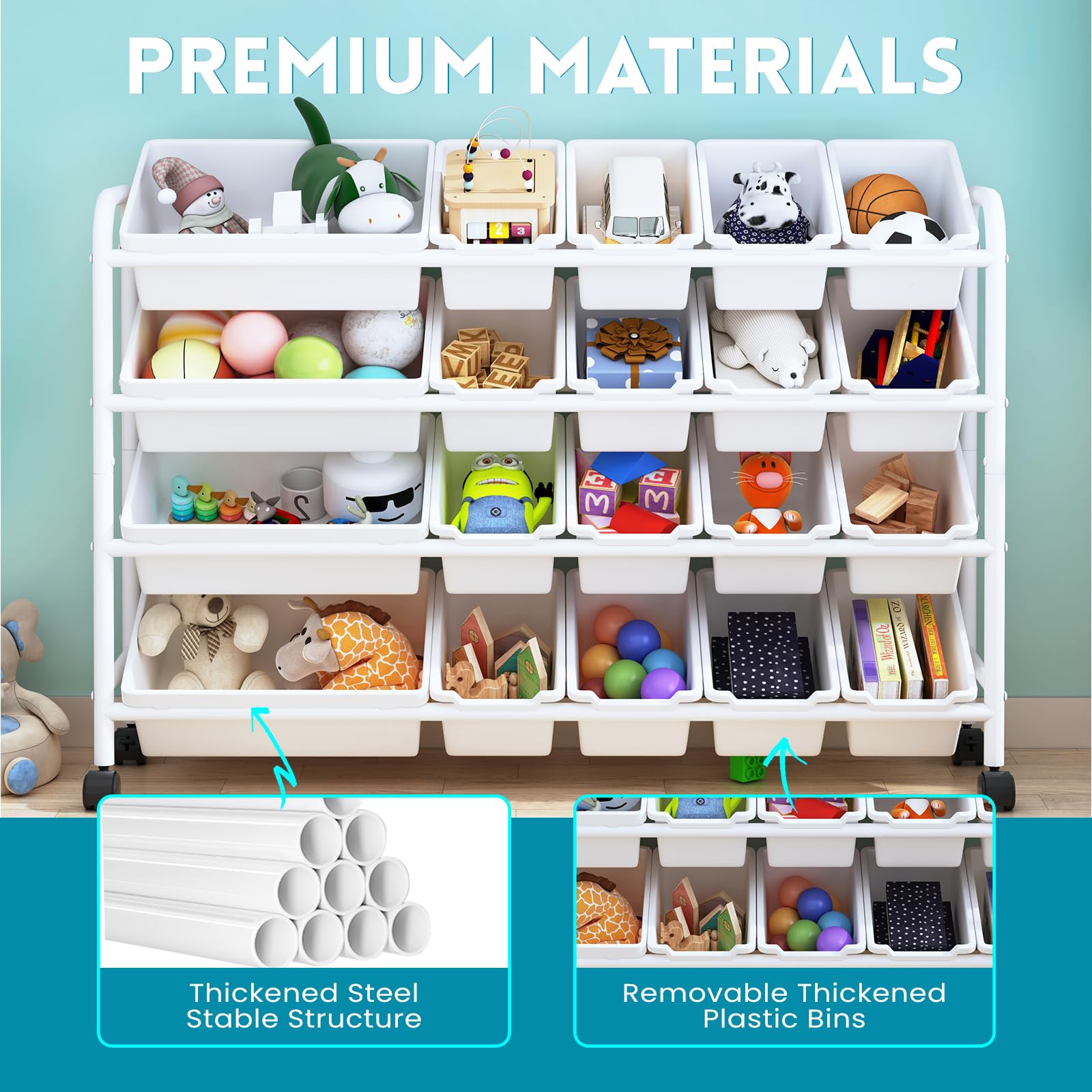 20-Bin Kids Toy Storage Organizer - 4-Tier Metal Toy Shelf with XL Plastic Bins for Playroom, Nursery & Bedroom Organization | Sturdy White Toy Rack for Easy Kids Room Storage (JSSNJ1-1_XM) - Perfect for Organizing Legos, Stuffed Animals & Art Supplies