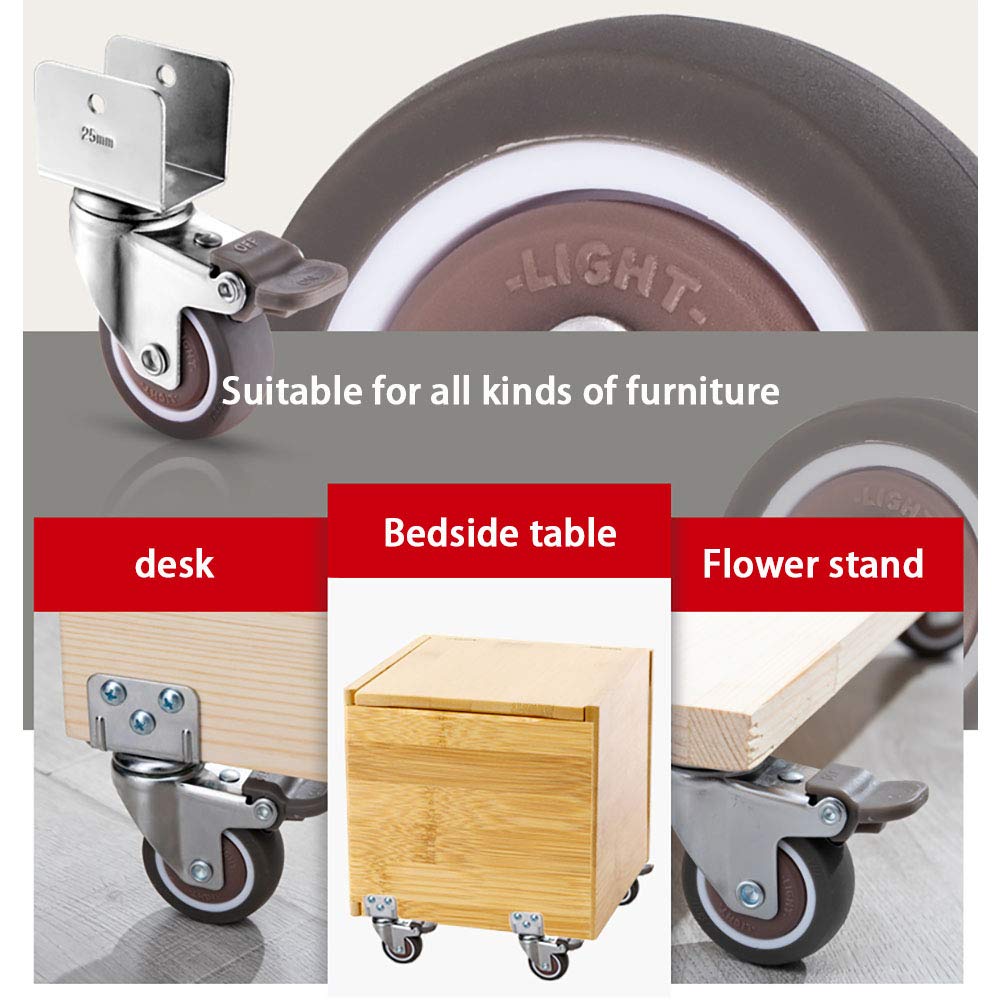 Heavy Duty 2 Inch (50mm) U-Shaped Bracket Crib with Silent Swivel Rubber Casters and Brake - 4 Pack for Wooden Furniture (25mm Groove, 120kg Load Capacity) - Perfect for Cribs, Beds, Sofas and Office Furniture Mobility