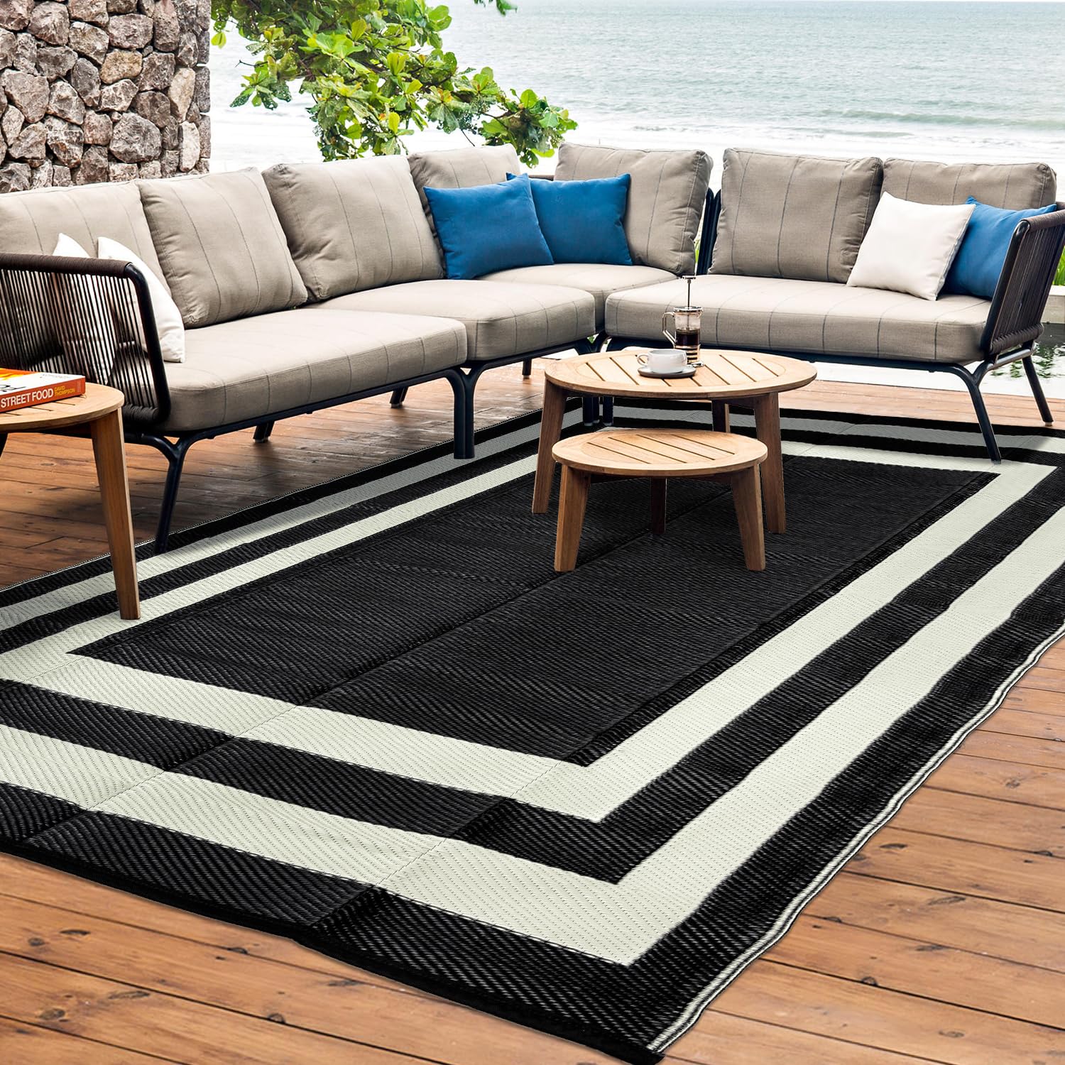 Waterproof Reversible 5x8 ft Outdoor Rug - Durable Plastic Straw Patio Mat for RV, Camping, Balcony, Picnic & Beach (Black & White) - Perfect for Outdoor Entertaining & Decor
