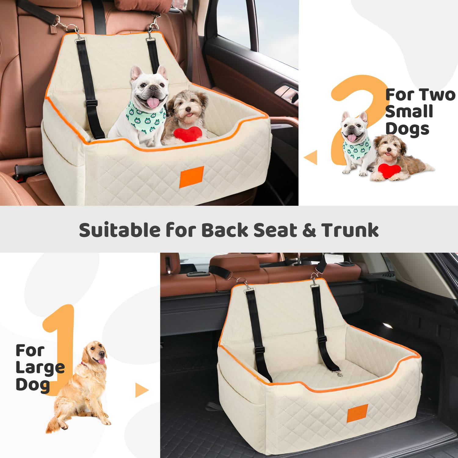 Premium Dog Car Booster Seat for Small & Medium Dogs Up to 55Lbs - Washable, Detachable Pet Car Seat with Thick Comfort Cushion & Storage Pockets (Beige) - Perfect for Road Trips, Vet Visits & Daily Car Rides