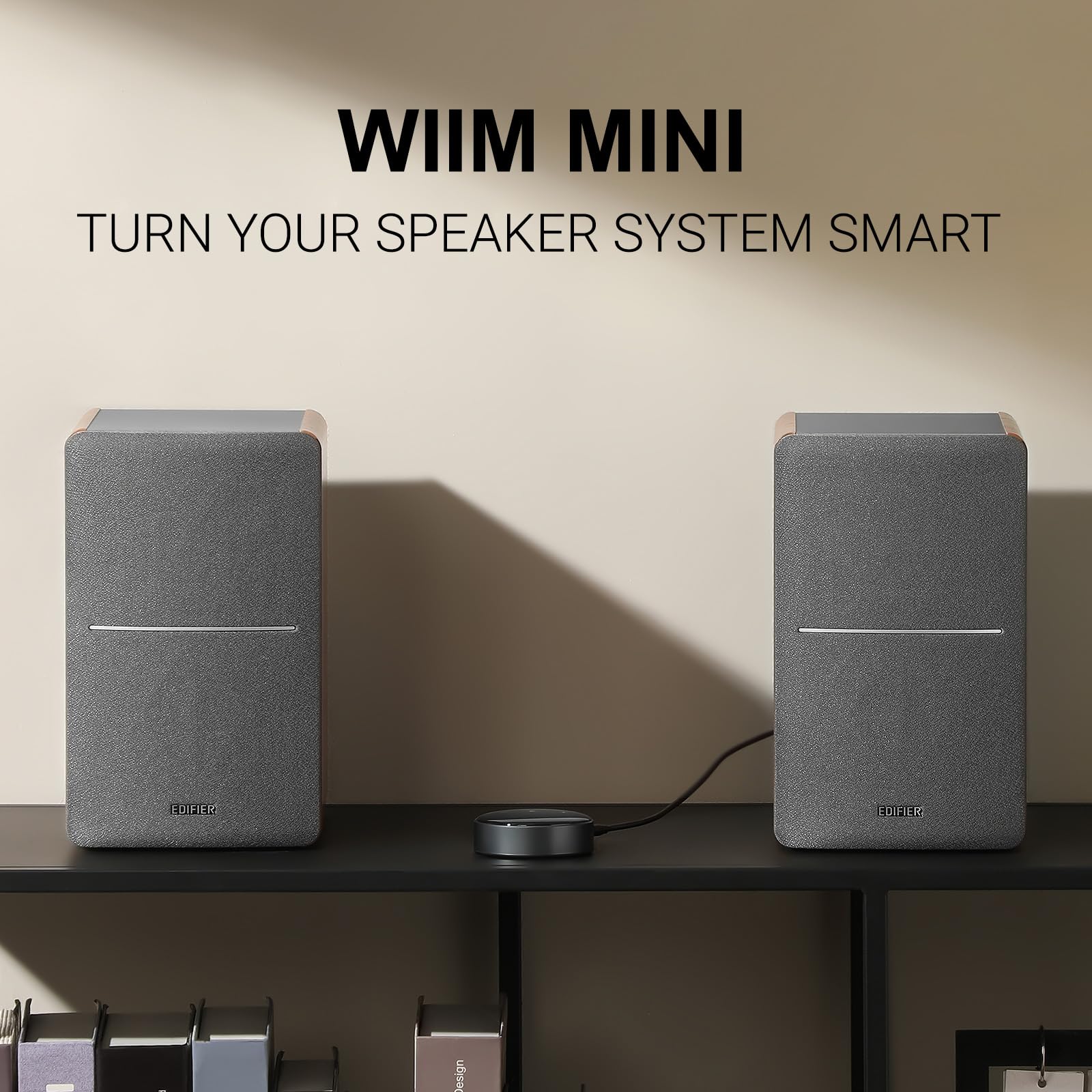 Edifier R1280T Powered Bookshelf Speakers with WiiM Mini AirPlay2 Wireless Wi-Fi Audio Streamer - Hi-Res Audio Streaming from Spotify, Amazon Music & More - Perfect for Home Theater, Gaming & Music Listening