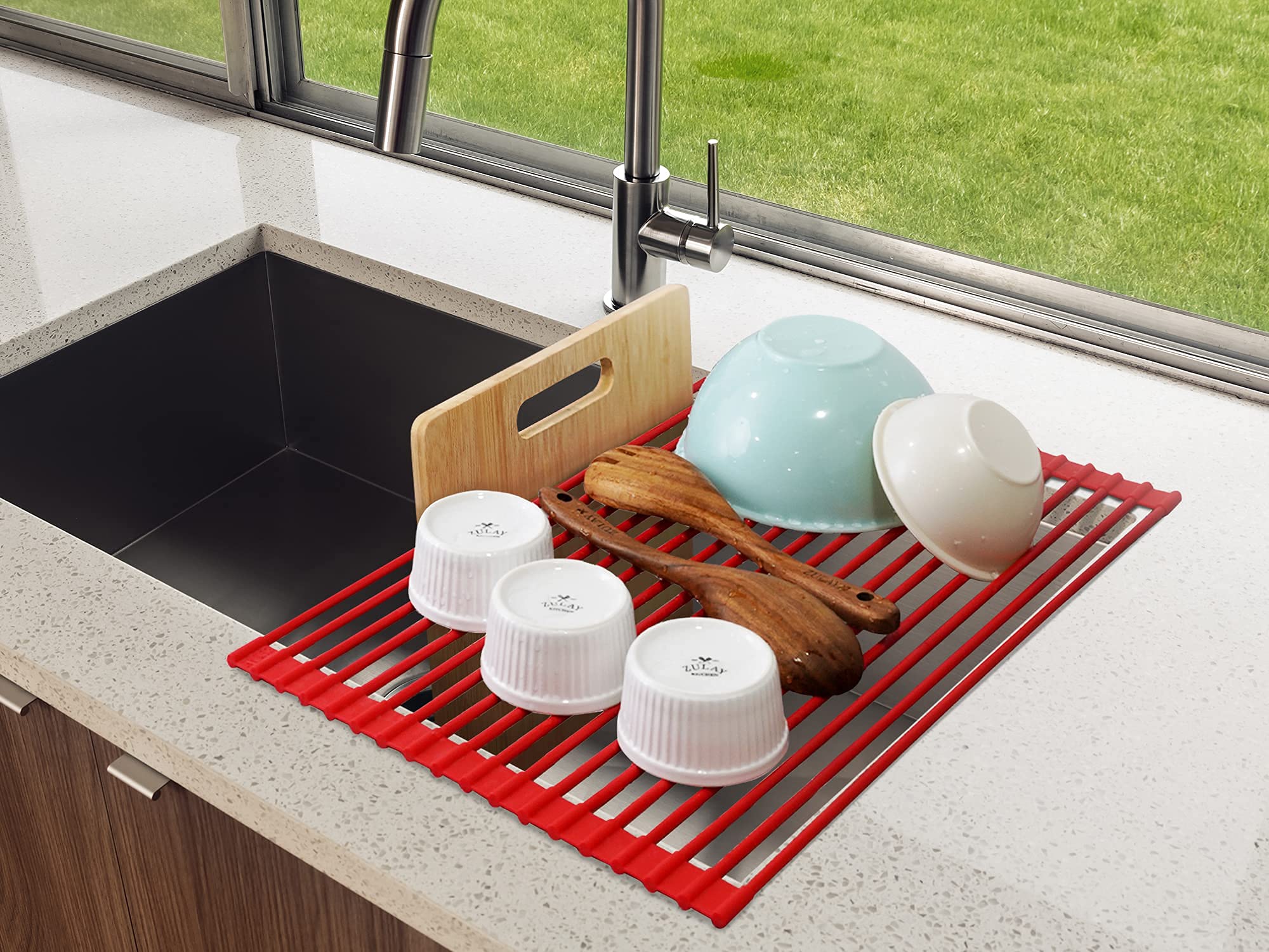 Zulay Kitchen Large Roll Up Dish Drying Rack - Heavy Duty Silicone Wrapped Steel Rods Over Sink Dish Rack - Foldable Space Saving Drying Rack & Trivet for Kitchen Counter - Red, 20.5 x 13 inches - Perfect for Small Kitchens & Apartments
