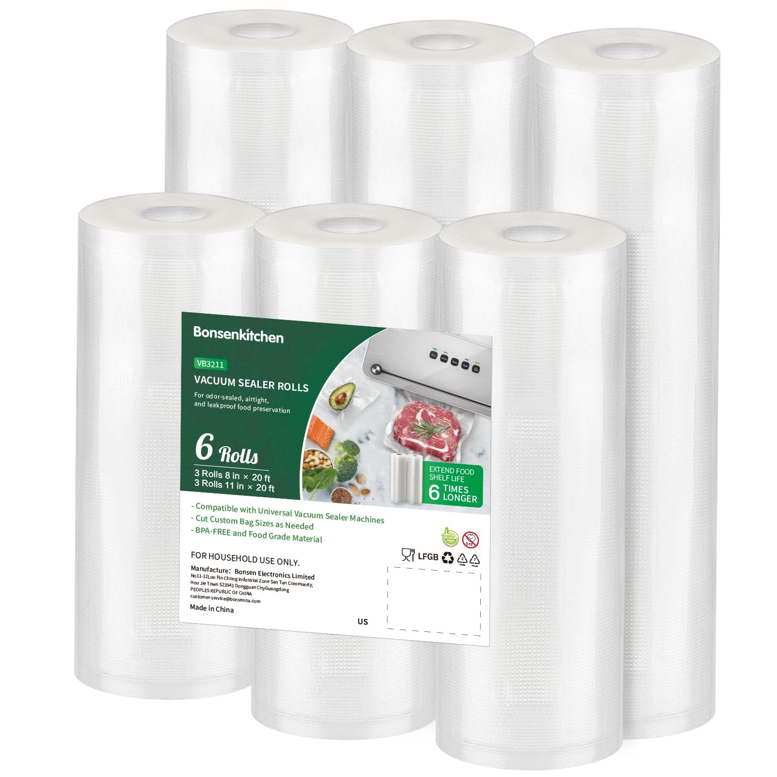 Bonsenkitchen Vacuum Sealer Bags - 6 Pack (3 Rolls 11