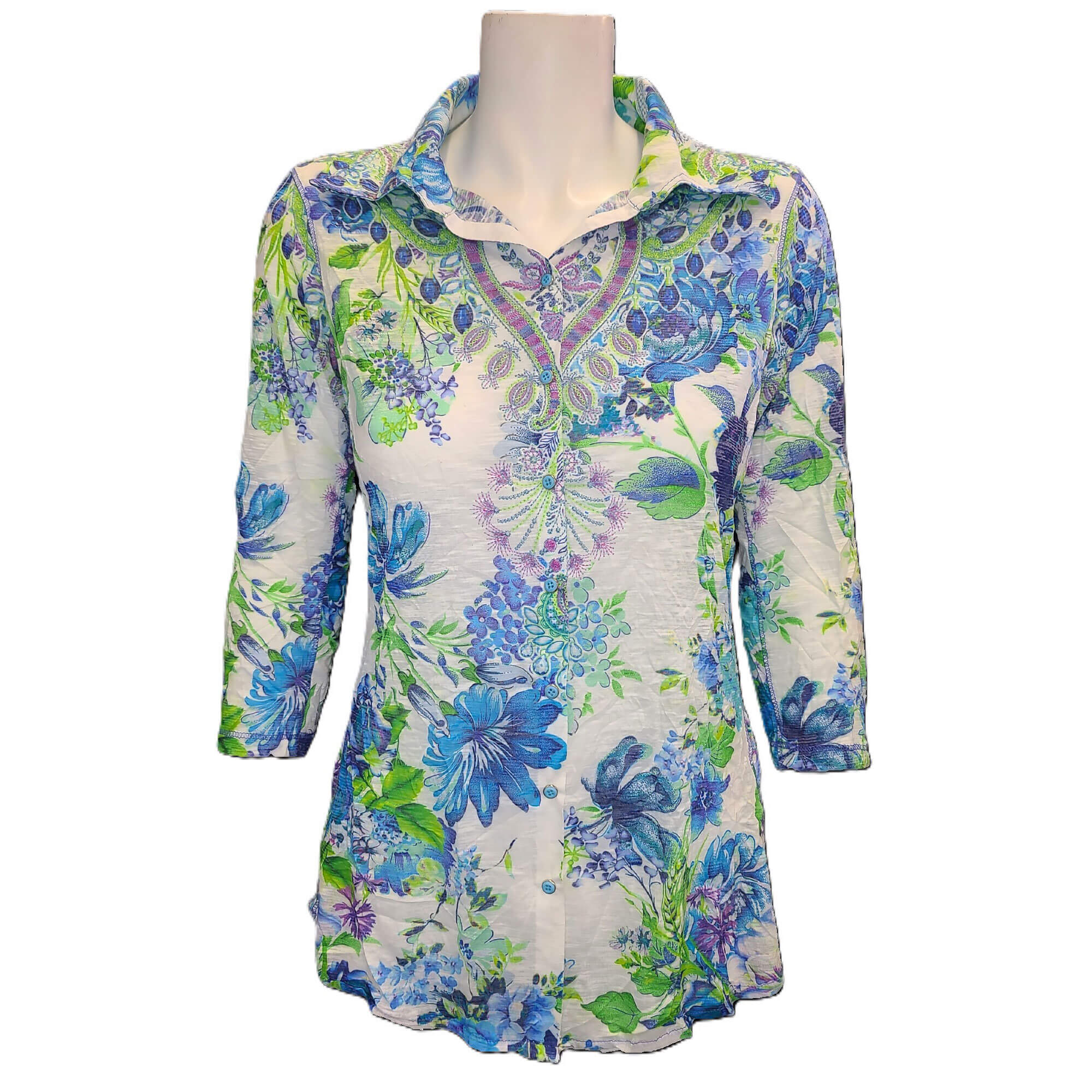 David Cline Santorini 3/4 Sleeve Blouse - Floral Print Women's Tops for Spring Summer Casual Wear | Perfect for Garden Parties, Brunch & Outdoor Activities