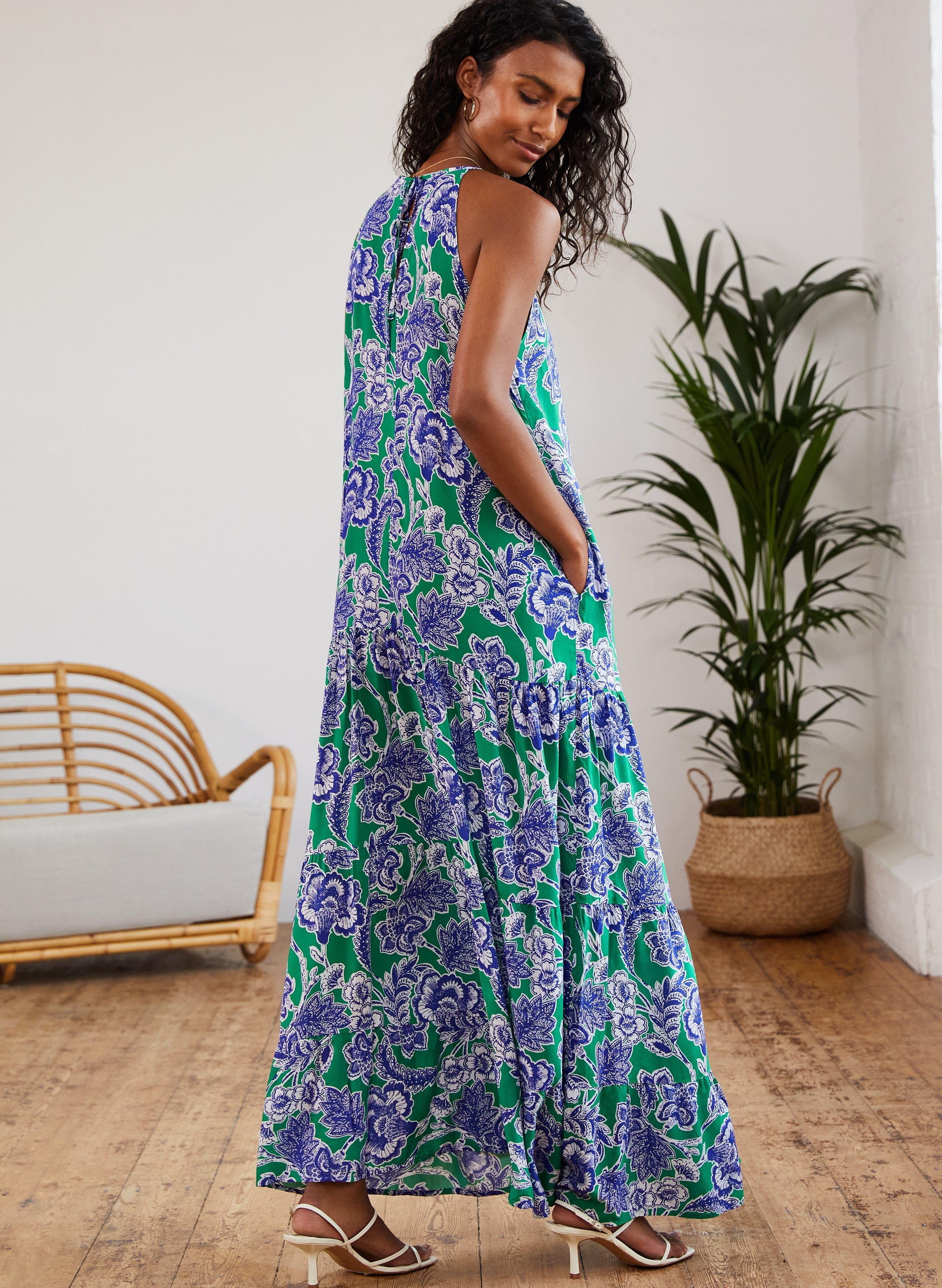 Everly Positano Print LENZING™ ECOVERO™ Halterneck Maxi Dress - Sustainable Women's Summer Dress in Green & Blue | Beach Wedding, Vacation, Boho Fashion