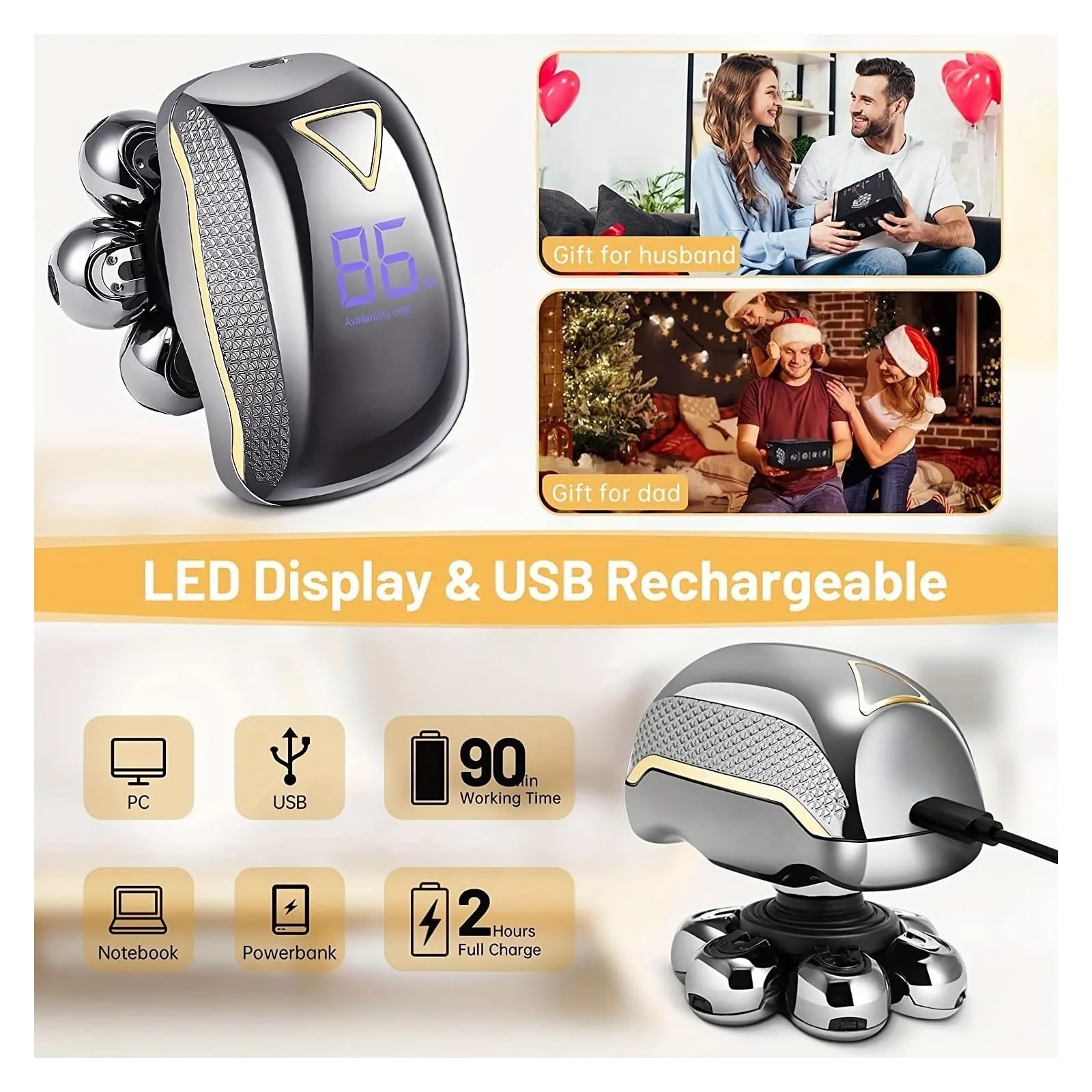 Rechargeable Electric Head Shaver for Men - 6-in-1 Waterproof Cordless Bald Head Shaver & Beard Trimmer Kit - Wet/Dry Use for Smooth Shaving at Home, Travel & Gym
