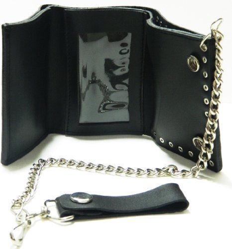 Skulls Design Biker Chain Leather Wallet Tri Fold for Men - Gothic Punk Motorcycle Accessories - Perfect for Bikers, Rockers, and Fashion Enthusiasts