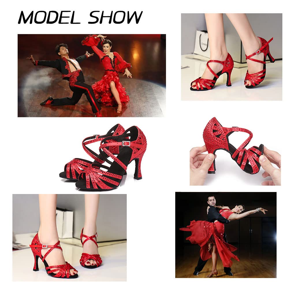 Women's Rhinestone Open Toe Salsa Ballroom Dance Heels - Elegant Performance Shoes for Latin, Ballroom, and Social Dancing