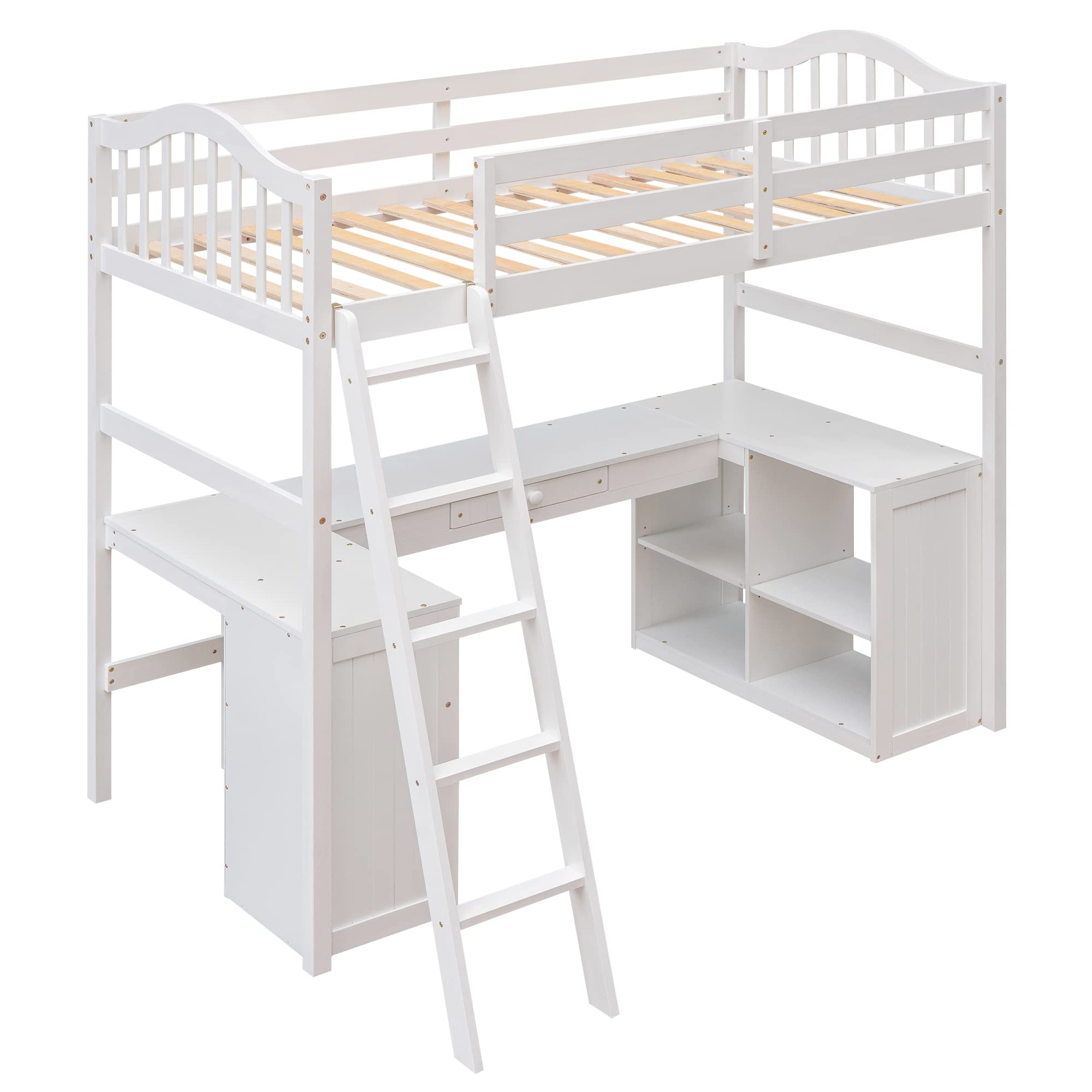 **Twin Loft Bed with Desk, Drawer & Cabinet - Wooden Study Bed for Kids, Teens & Adults - White - Perfect for Dorm Rooms, Small Spaces & Kids' Bedrooms**