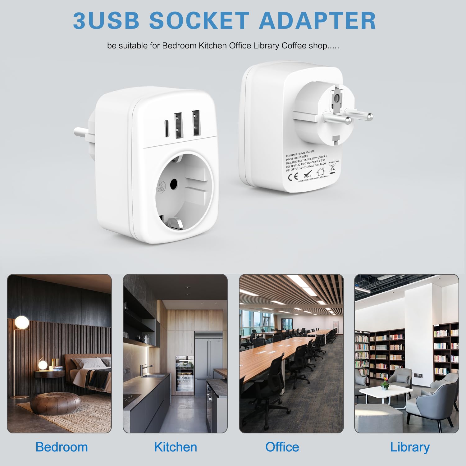 3-Outlet Power Strip with 3 USB Ports - White Multi Plug Extension Cord with USB Charging for Home, Office & Travel - Perfect for Charging Phones, Laptops & Tablets Simultaneously