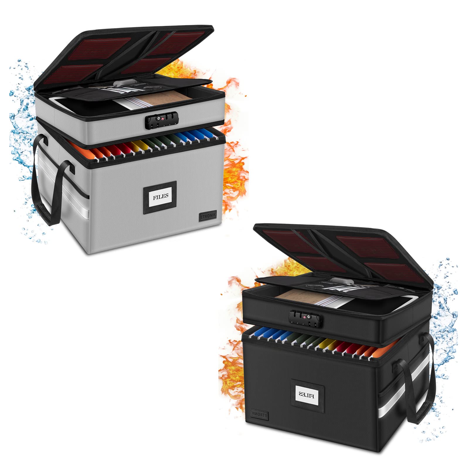Fireproof Document Box with Lock - Portable File Storage Organizer for Letter/Legal Size Folders, Certificates - 5 Tabs & Insert Included - Reflective Strip for Safety (Black, Grey) - Ideal for Home, Office & Emergency Preparedness