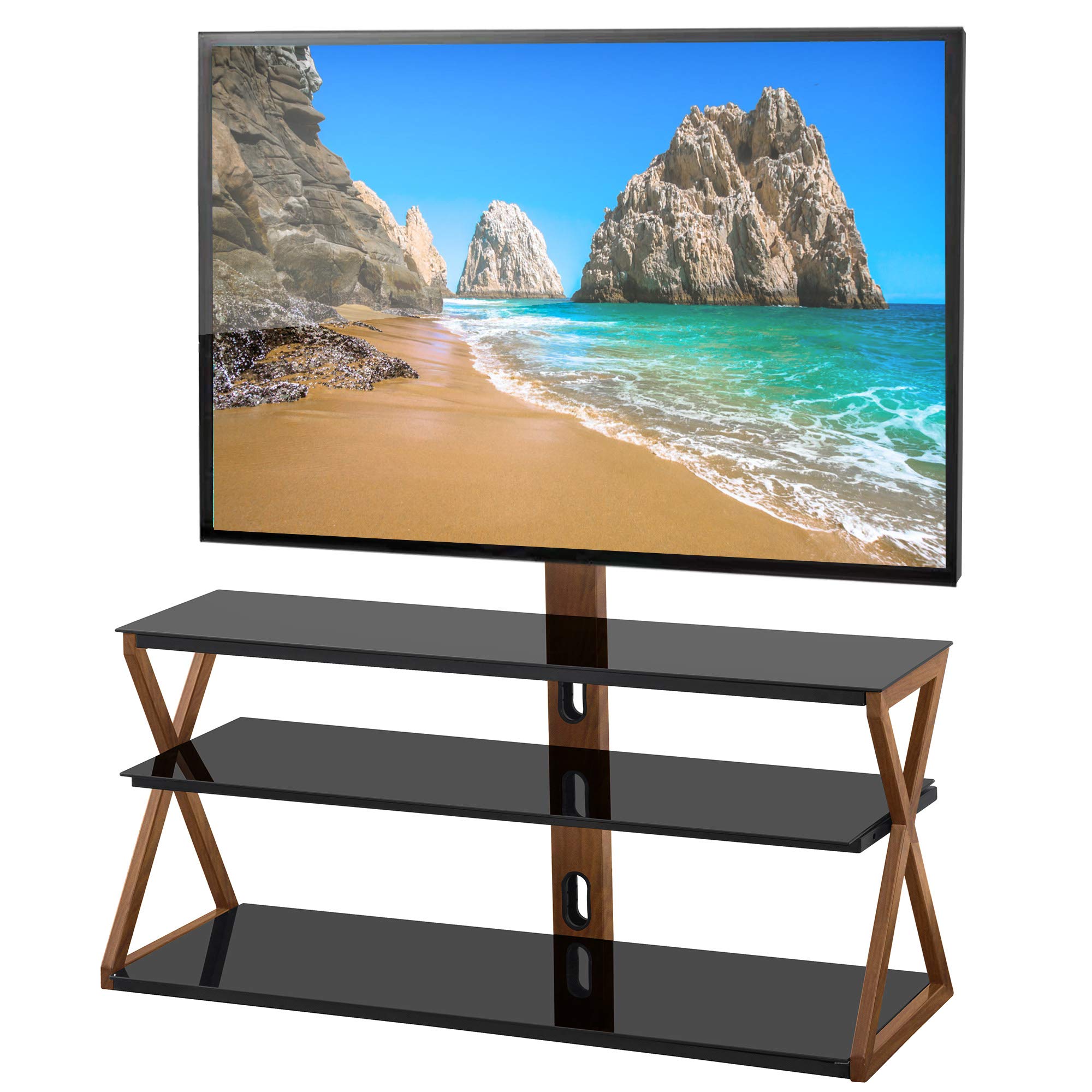 Universal Black Tempered Glass TV Stand - Adjustable Height Media Storage Shelf with Heat-Resistant Print | Perfect for Living Room, Bedroom & Home Theater Setup