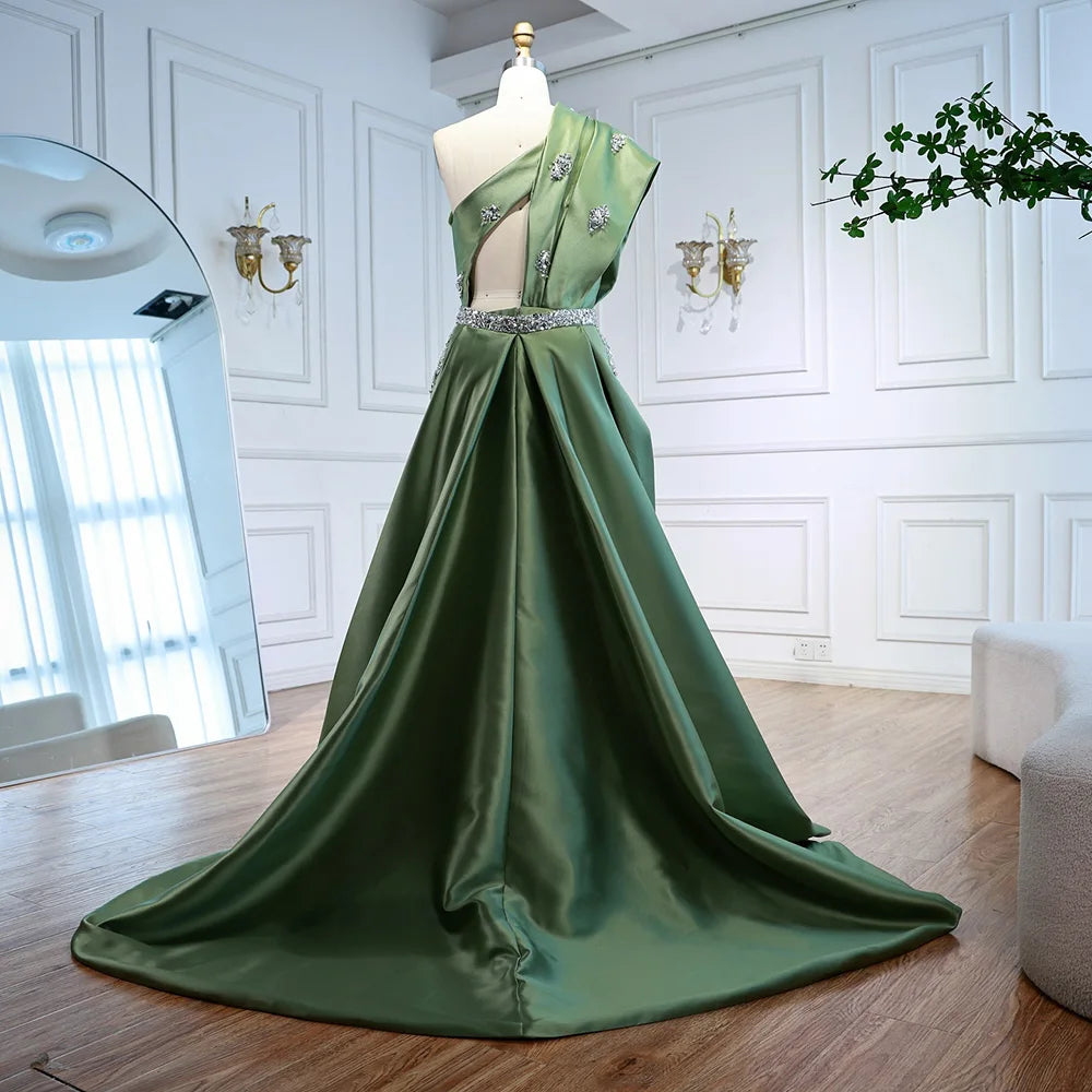 Elegant Dark Green Satin Beaded One Shoulder Evening Gown LA72845 - Perfect for Prom, Cocktail Parties & Formal Events