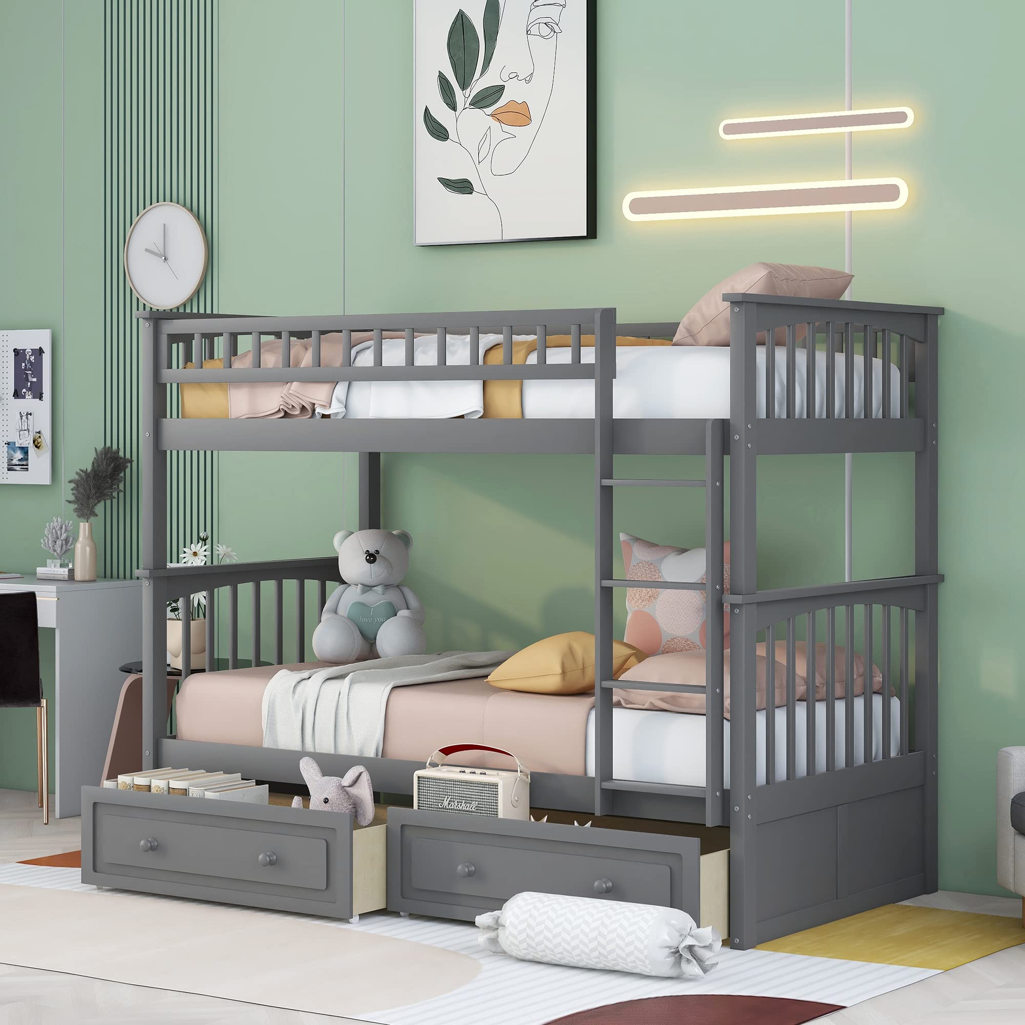 Harper & Bright Designs Twin Over Twin Bunk Bed with Storage - Wooden Convertible Bunk Beds with 2 Drawers, Safety Rail & Ladder - Grey - Perfect for Kids' Bedroom, Guest Room & Space-Saving Solutions
