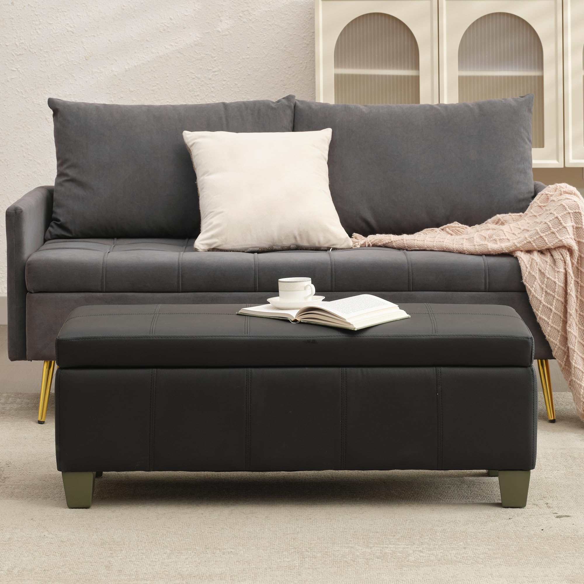Black Faux Leather Storage Ottoman Bench - Extra Long Rectangular Footrest with Hidden Storage | Perfect for Bedroom, Living Room & Entryway Seating & Organization